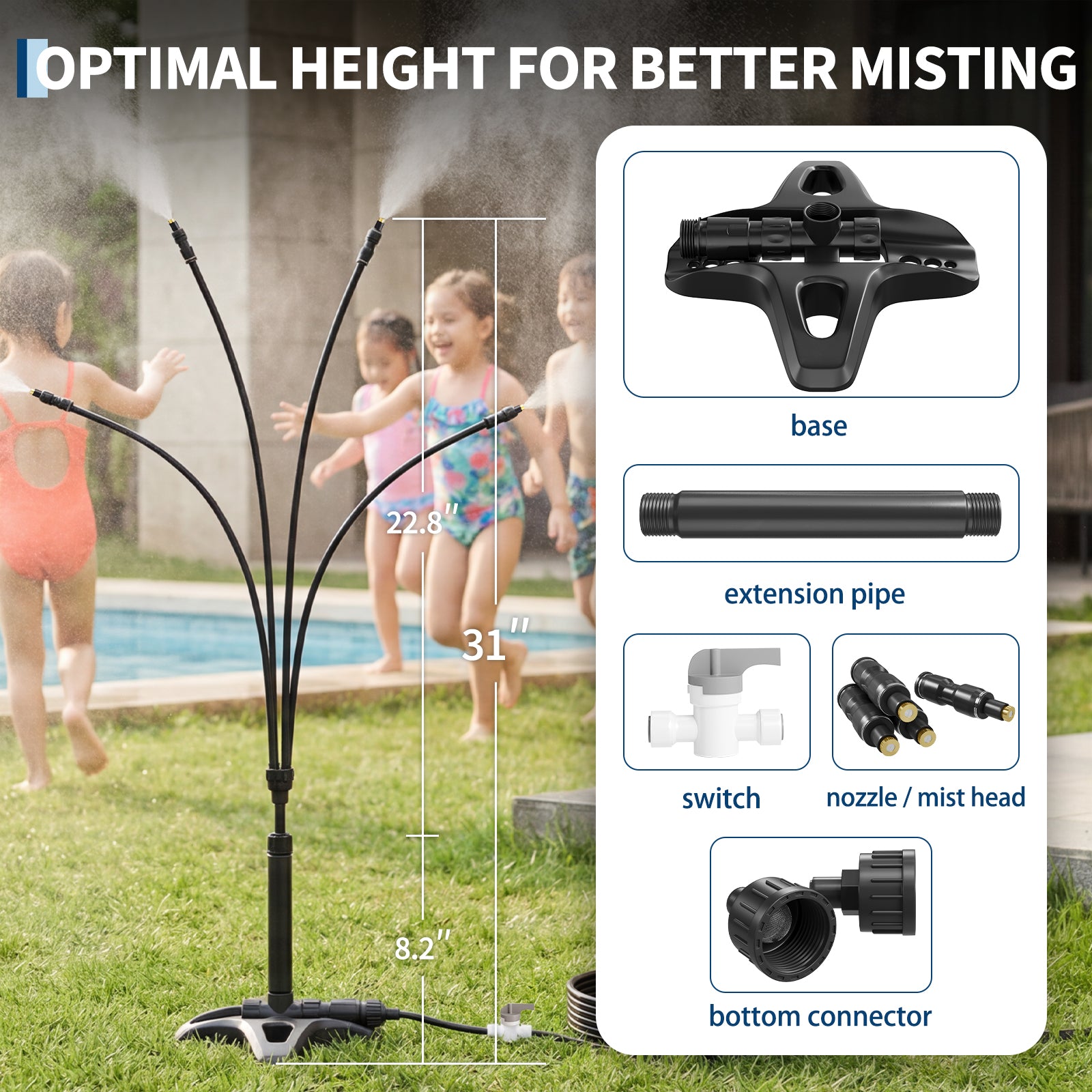Garvee Outdoor Misting System, 32.8 FT Hose with 4 Adjustable Mist Heads, 5 Connectors and Built-In Switch for Patio, Lawn and Poolside, Black