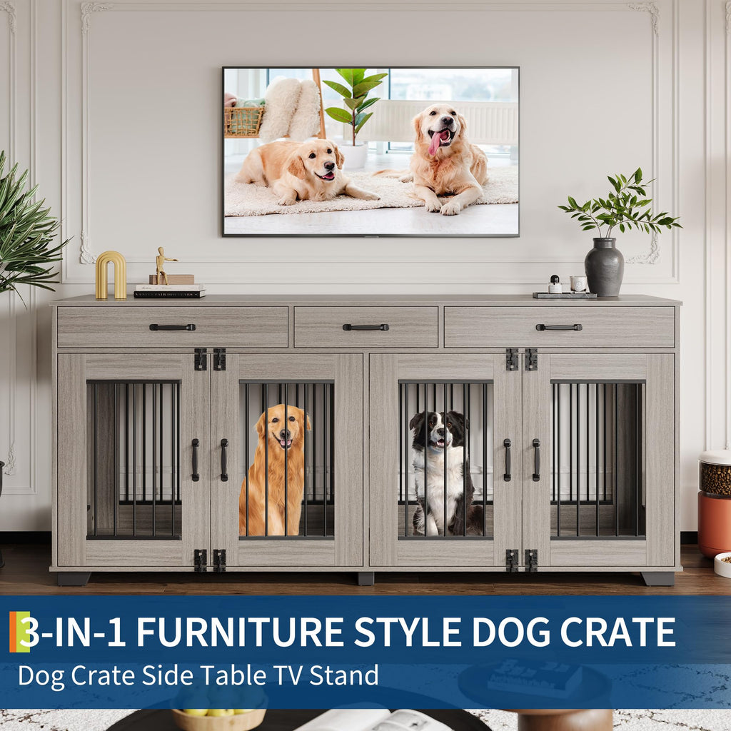 Garvee 71" Large Dual-Room Dog Crate with 3 Drawers, Double Doors, Metal & Wood, Storage & Security, Grey, Indoor Furniture Style