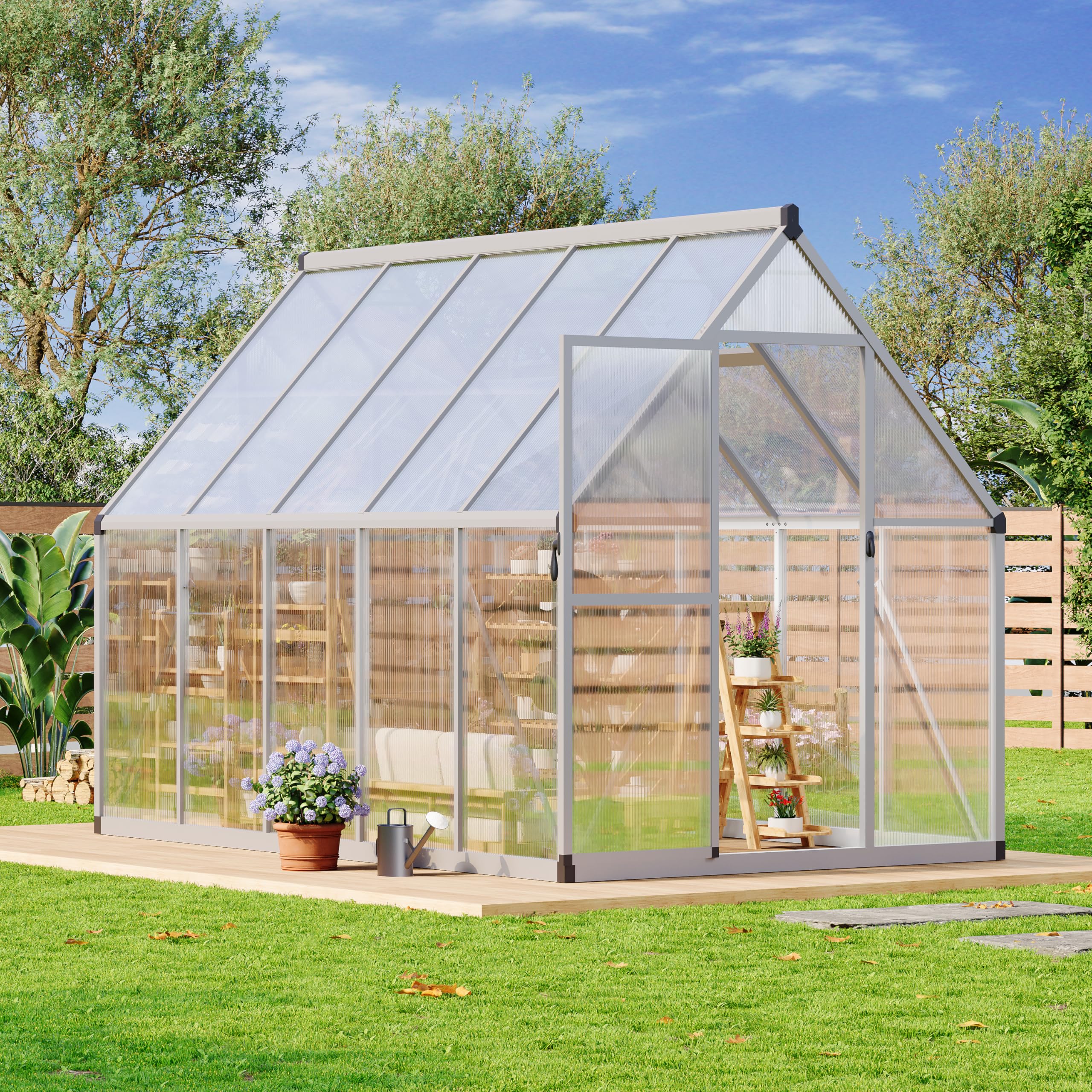 Garvee Heavy Duty 6x9 FT Polycarbonate Walk-In Greenhouse - Sturdy Aluminum Frame, Lockable Door, Adjustable Roof Vent, Easy Assembly, Ideal for Garden, Backyard, or Patio, Silver