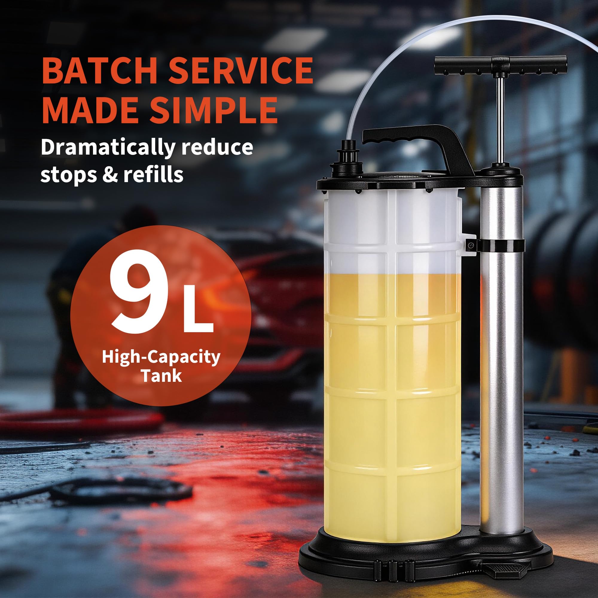 Garvee 9L Manual Oil Extractor Pump, Easy Fluid Transfer Tool with 3.2FT Hose & 3 Tube Sizes (3.8mm/6.1mm/9.8mm) for Quick Oil Changes in Cars & Lawn Mowers