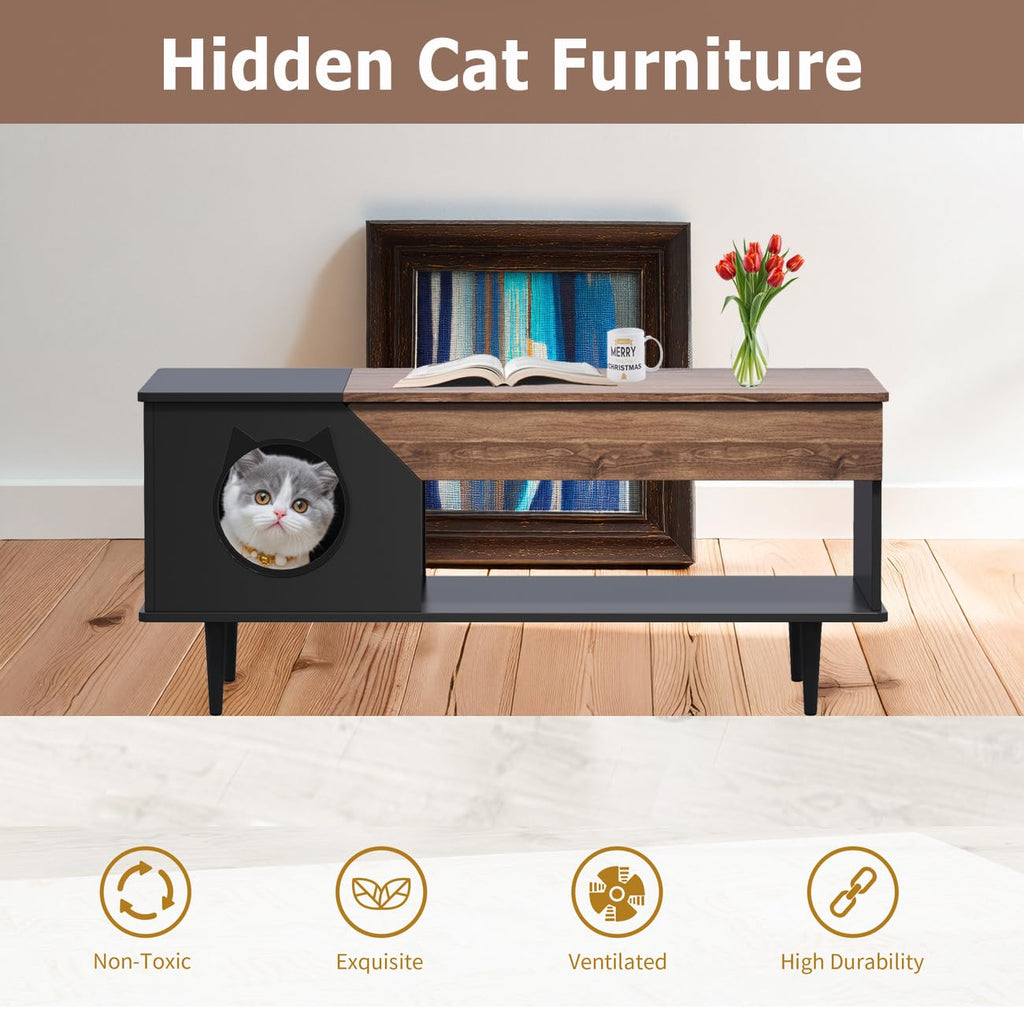 Garvee Cat Litter Box Enclosure, Cat Head Decor Storage Cabinet, Hidden Litter Box Furniture, Wooden Cats Washroom Furniture, Indoor Pet House, 44.9" L x 21.2" W x 20.5" H