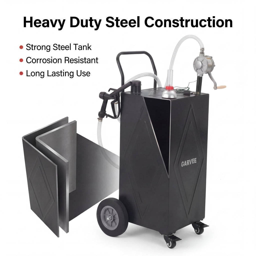 Garvee 30 Gallon Heavy Duty Steel Fuel Caddy – Manual Rotary Pump Gasoline & Fuel Injector Transfer Tank – Reinforced 4-Wheel Mobile Design – For Trucks, Boats, ATVs, Lawn Mowers, Farm, Construction Equipment – Black – Li Junjie