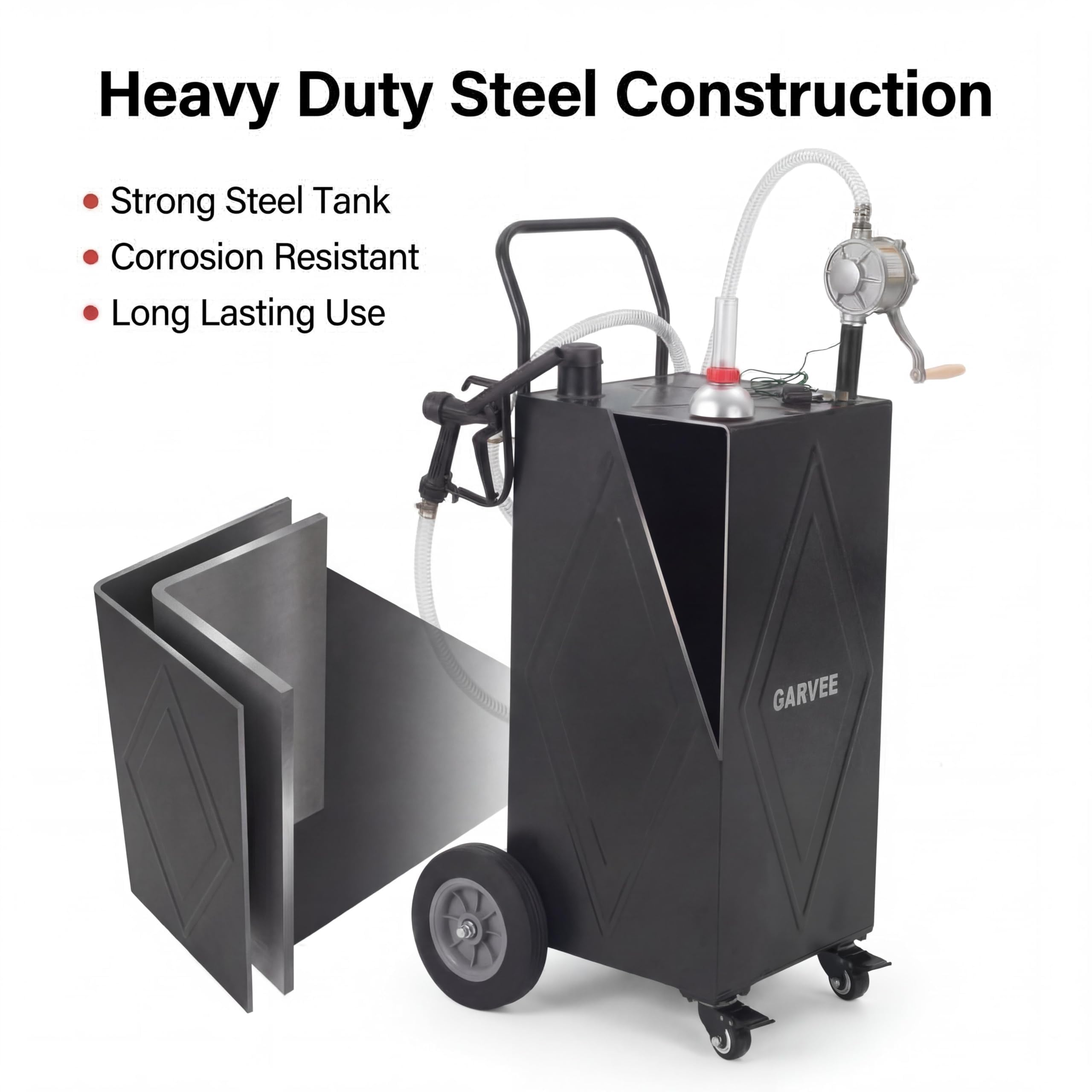 Garvee 30 Gallon Heavy Duty Steel Fuel Caddy – Manual Rotary Pump Gasoline & Fuel Injector Transfer Tank – Reinforced 4-Wheel Mobile Design – For Trucks, Boats, ATVs, Lawn Mowers, Farm, Construction Equipment – Black – Li Junjie