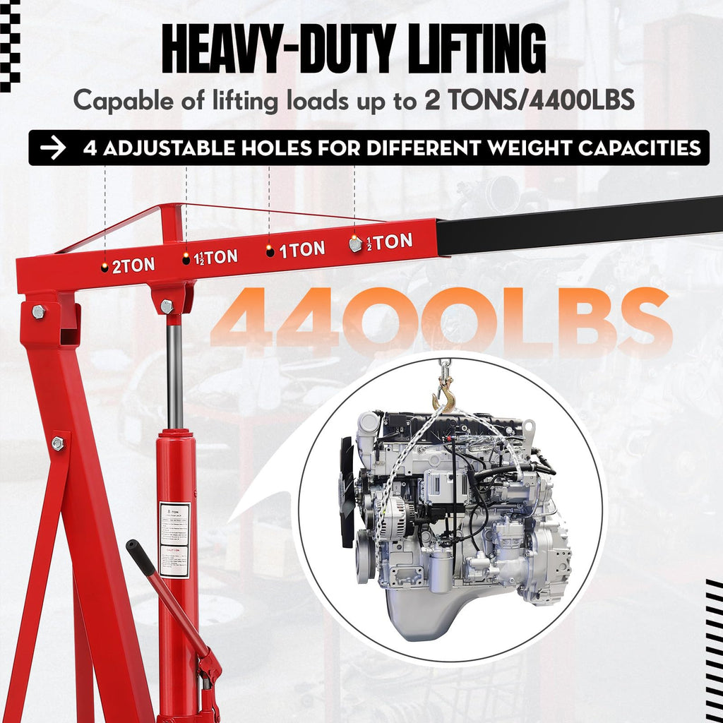 Garvee Heavy Duty 2 Ton Hydraulic Folding Engine Hoist Cherry Picker - Telescopic Boom - 6 Swivel Casters - Engine Lift for Workshop, Warehouse, Auto Repair - Red | Packaged version