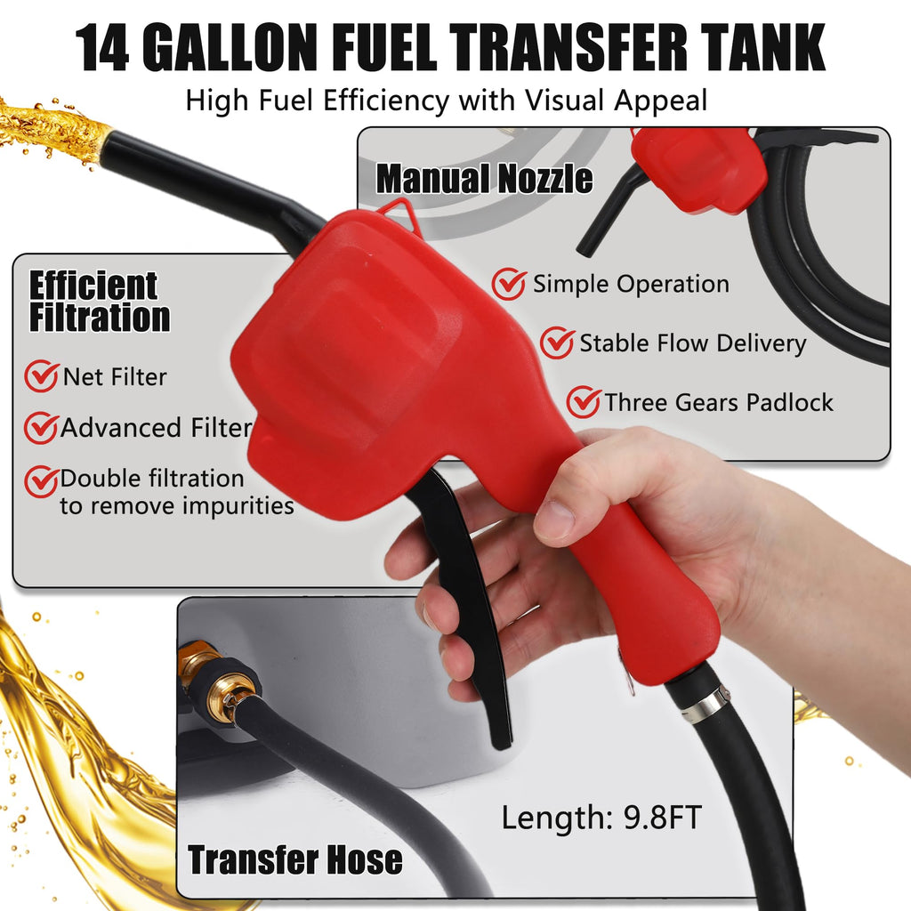 Garvee 14 Gallon Gas Can Fuel Caddy with Manual Pump, Leak-Proof Dual-Valve, HDPE Material, Wheels & 10ft Hose, for Cars & Boats, Grey