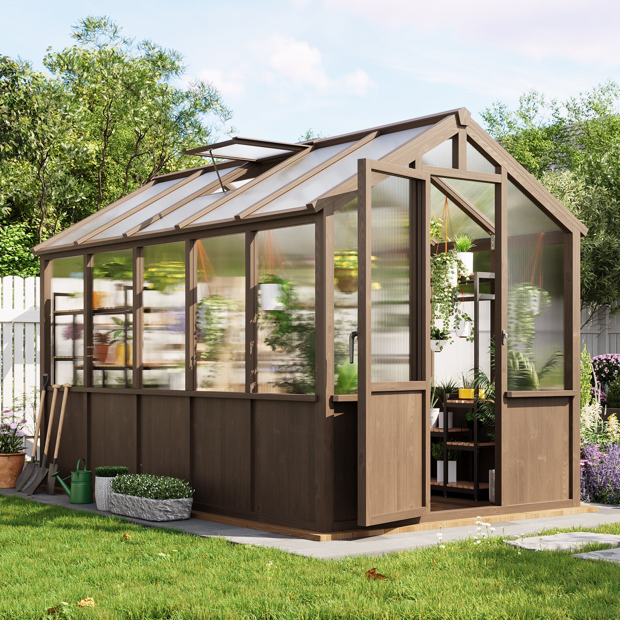 Garvee 6x10 Walk-In Wooden Greenhouse, Heavy Duty Spruce Frame with Polycarbonate Panels, Adjustable Roof Vents & Lockable Door, Outdoor Garden Greenhouse for Backyard, Patio and Lawn, Vintage Color