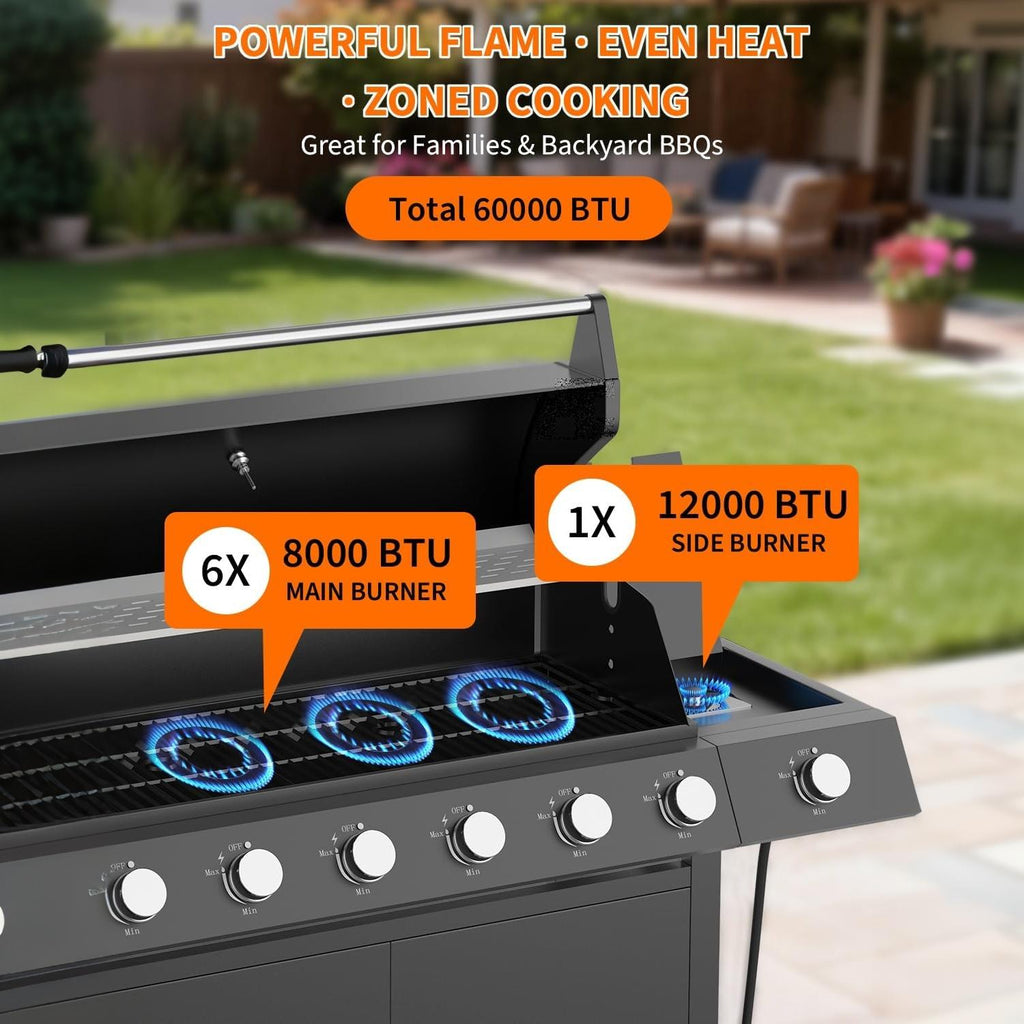 Garvee Superior 6-Disposable Outdoor Gas Grill – Stainless Steel & Cast Iron – Side Disposable – Large Warming Rack – Storage Cabinet – Heavy-Duty BBQ for Patio, Backyard, Family Gatherings –