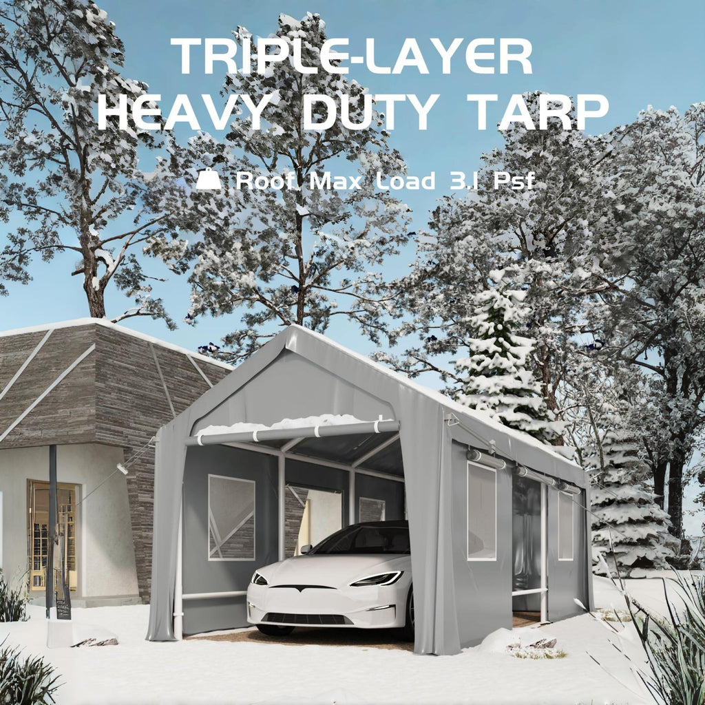 Garvee 10 x 20 FT Carport Replacement Cover Kit, 200G PE Tarp with Front & Rear Zipper Doors, 2 Roll-Up Side Openings and 4 Mesh Windows, Gray, Frame Not Included