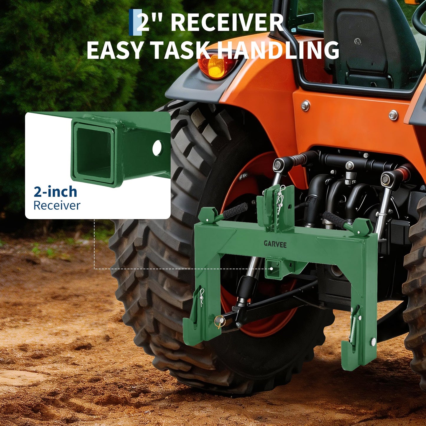Garvee Heavy-Duty 3-Point Quick Hitch Adapter with 2" Receiver – Reinforced Rib – 3000 lbs Lift – No Bushing Needed – 5-Level Adjustable Bolt – Category 1 Tractor Attachment – Durable Metal – Green Powder Coated Finish