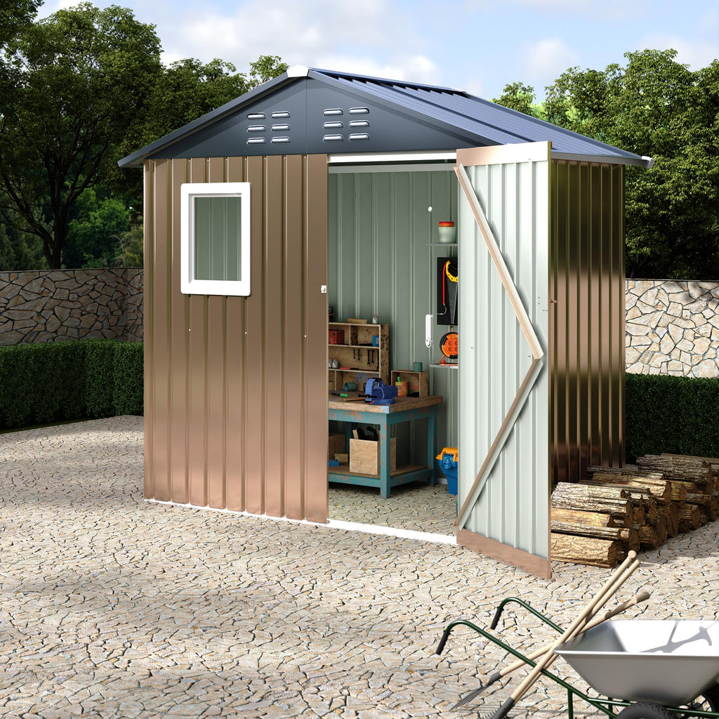 Garvee Outdoor Storage Shed, 6' × 4' Galvanized Steel Tool Shed with Window, Lockable Door, Air Vents, 27.95 Sq. Ft., 55–63 MPH Wind Rating, Brown