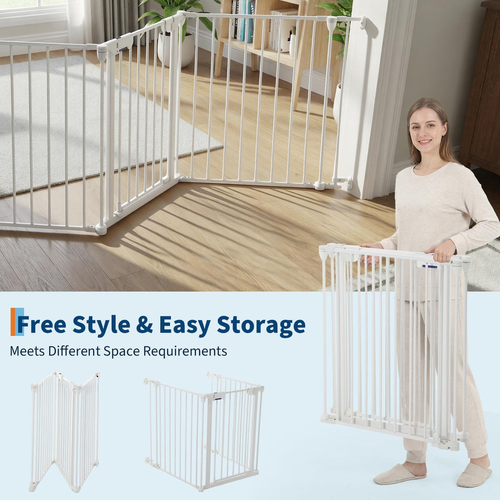Garvee Adjustable Metal Pet Safety Gate, 3-Panel 29" High Collapsible Playpen with Lockable Door, Portable Indoor/Outdoor Barrier for Stairs, Doorways, RV, Camping, Yard, Garden, White