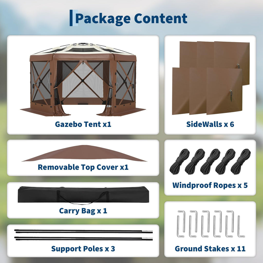 Garvee 13' x 13' Khaki Screen Tent, Quick-Set 6-Sided Canopy Shelter with Removable Top & Mesh Walls, Bite-Proof Outdoor Sun Shade for Camping, Patio & Backyard