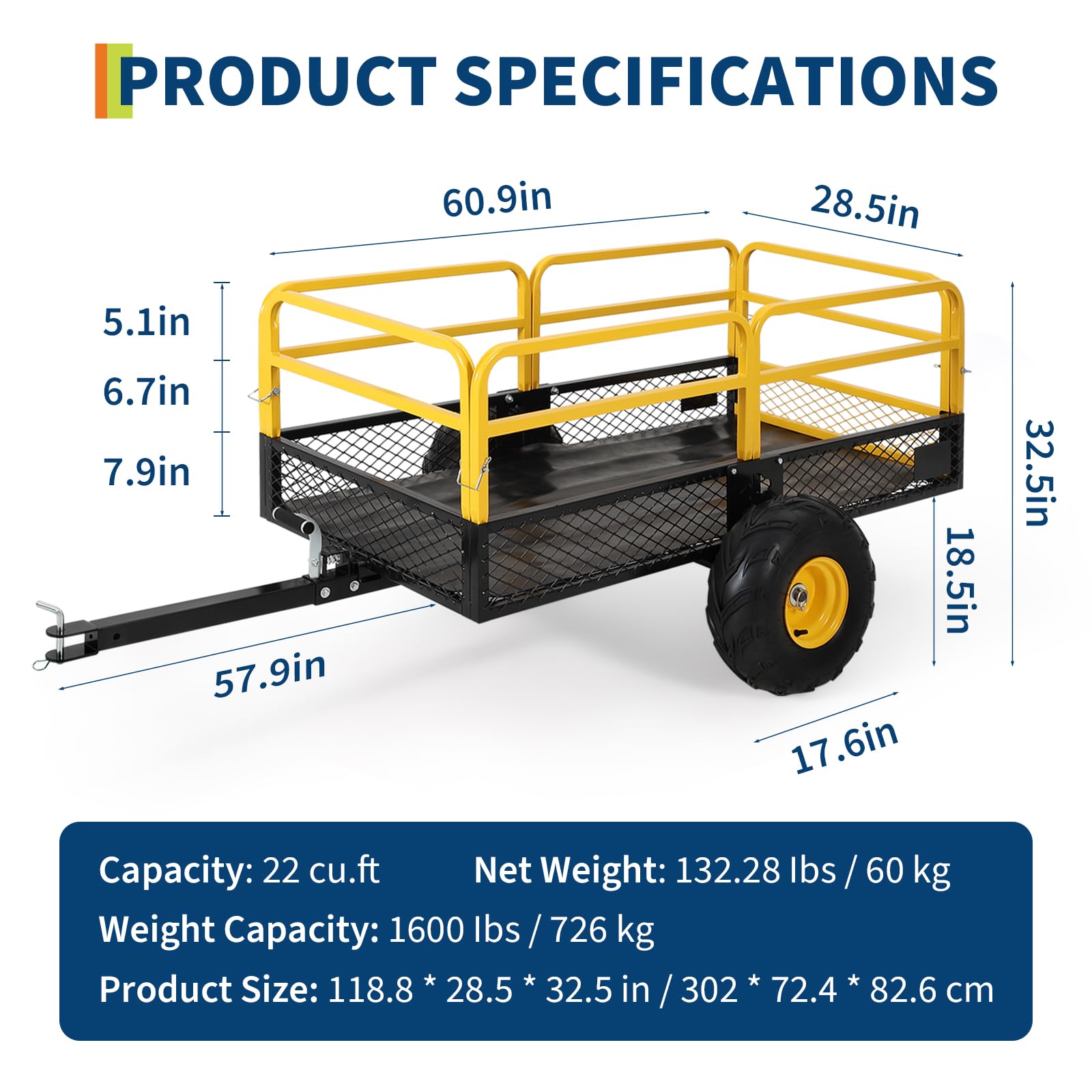Garvee 1600 lb Tow-Behind Dump Cart, 22 Cu. Ft. ATV UTV Garden Trailer with Removable Sides, 45° Dump Bed & All-Terrain Tires, Yellow