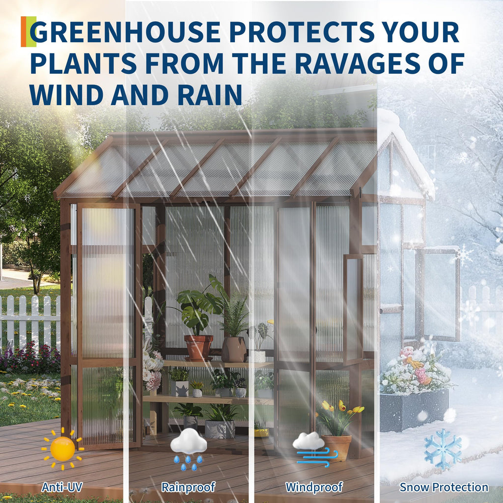 Garvee Heavy Duty Wooden Greenhouse 6x8 FT for Outdoor - Walk-in Kit with 6mm Polycarbonate Panels, Ventilated Window, Lockable Door - Ideal for Backyard, Patio, Lawn, Sturdy Wood