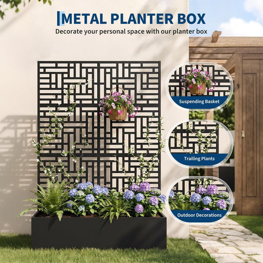 Garvee Raised Planter Box with Trellis for Climbing Plants, 71 in All-Weather Metal Garden Bed with Privacy Screen, Drainage Holes and Black Louvered Panel