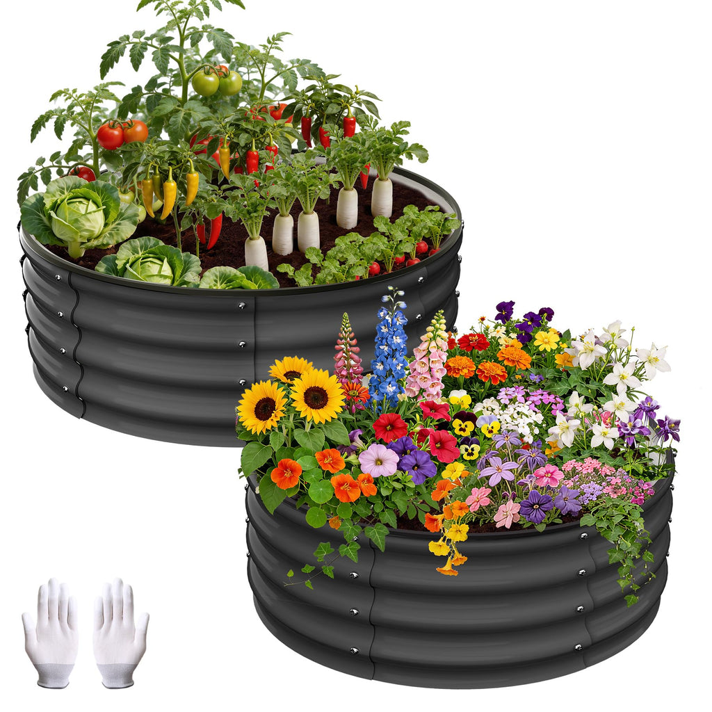 Garvee Round Galvanized Raised Garden Bed 2x2x1FT Heavy Duty Steel Open Bottom Anti-Rust Wave Shape Safe Corners Outdoor Gardening