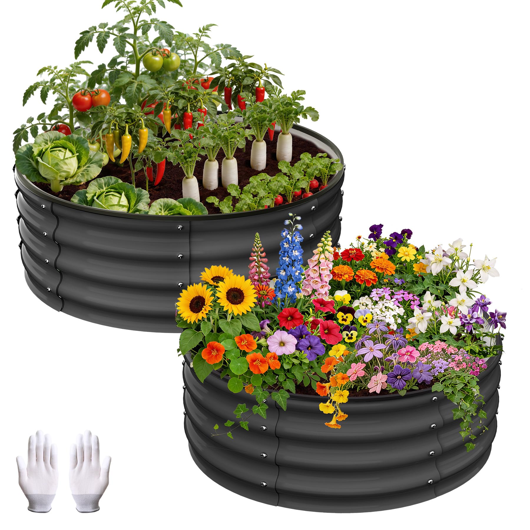 Garvee Round Galvanized Raised Garden Bed 2x2x1FT Heavy Duty Steel Open Bottom Anti-Rust Wave Shape Safe Corners Outdoor Gardening
