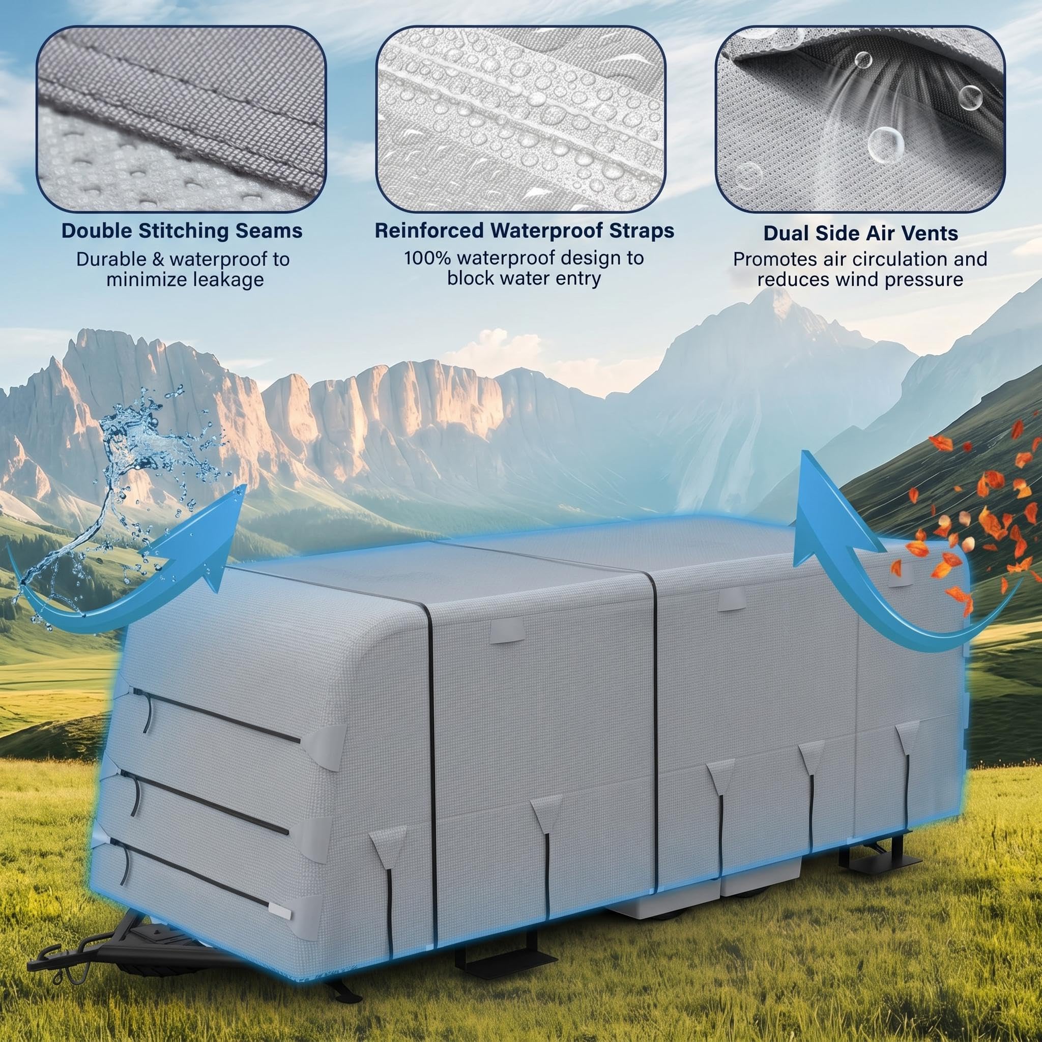 Garvee 33-35FT Heavy-Duty Trailer Cover for Campers, 4-Ply Oxford RV Cover with Waterproof Roof, Breathable Side Vents, UV Protection, Tie-Down Straps, Zipper Access, Tire Covers, and Storage Bag, Grey