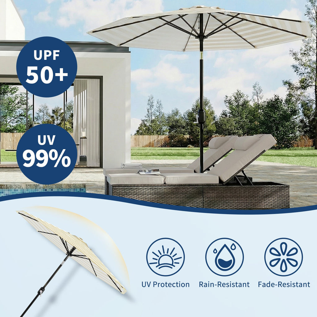Garvee 9 ft Outdoor Patio Umbrella with 8 Sturdy Ribs, Crank Lift, Push-Button Tilt & UV-Resistant Waterproof Canopy for Pool, Deck, Yard & Garden, Tan & White Stripes