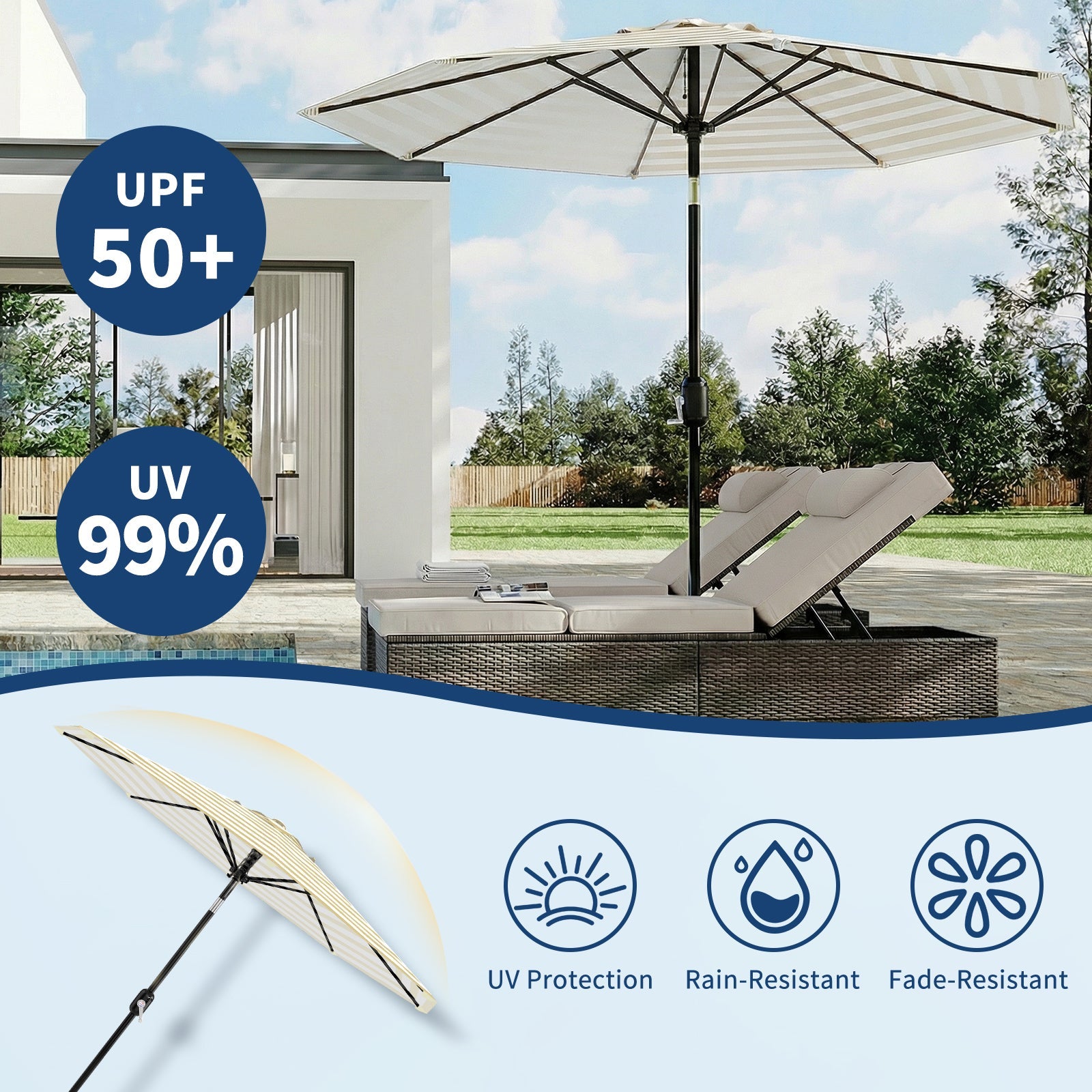 Garvee 9 ft Outdoor Patio Umbrella with 8 Sturdy Ribs, Crank Lift, Push-Button Tilt & UV-Resistant Waterproof Canopy for Pool, Deck, Yard & Garden, Tan & White Stripes