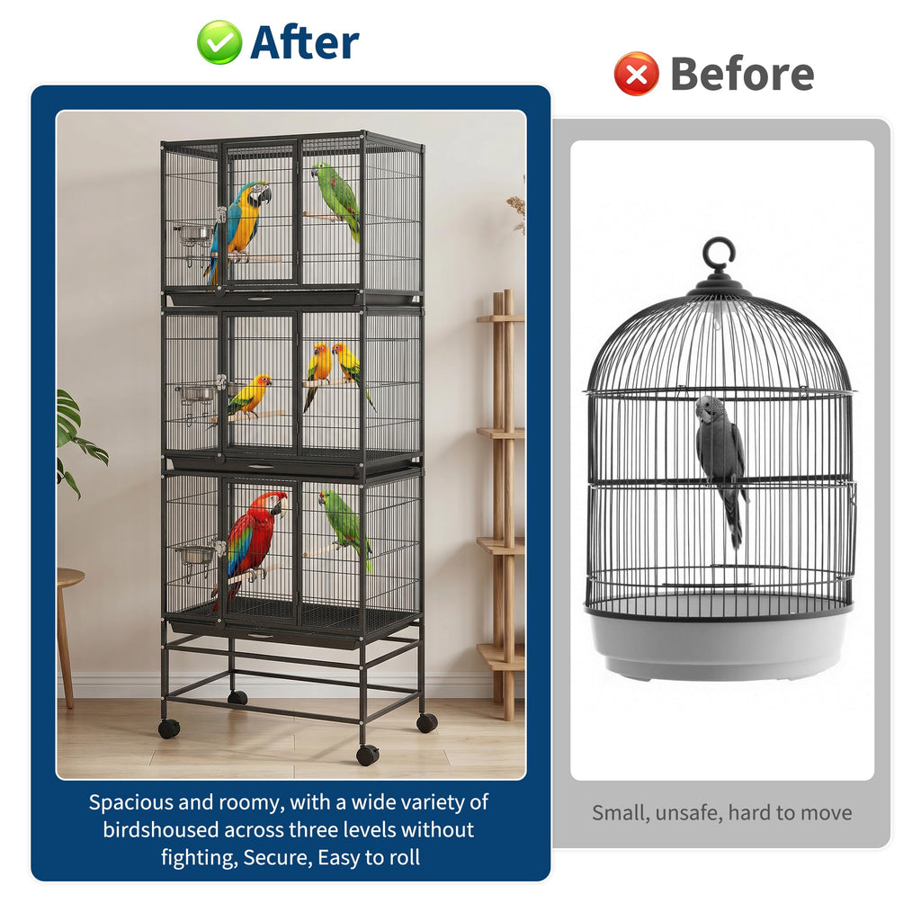 Garvee Heavy Duty Carbon Steel Bird Cage - 74 Inch Stackable Aviary with 3 Dividable Compartments, Removable Trays, Spacious Flight Enclosure for Parakeets, Cockatiels, Conures, Finches - Silver Black