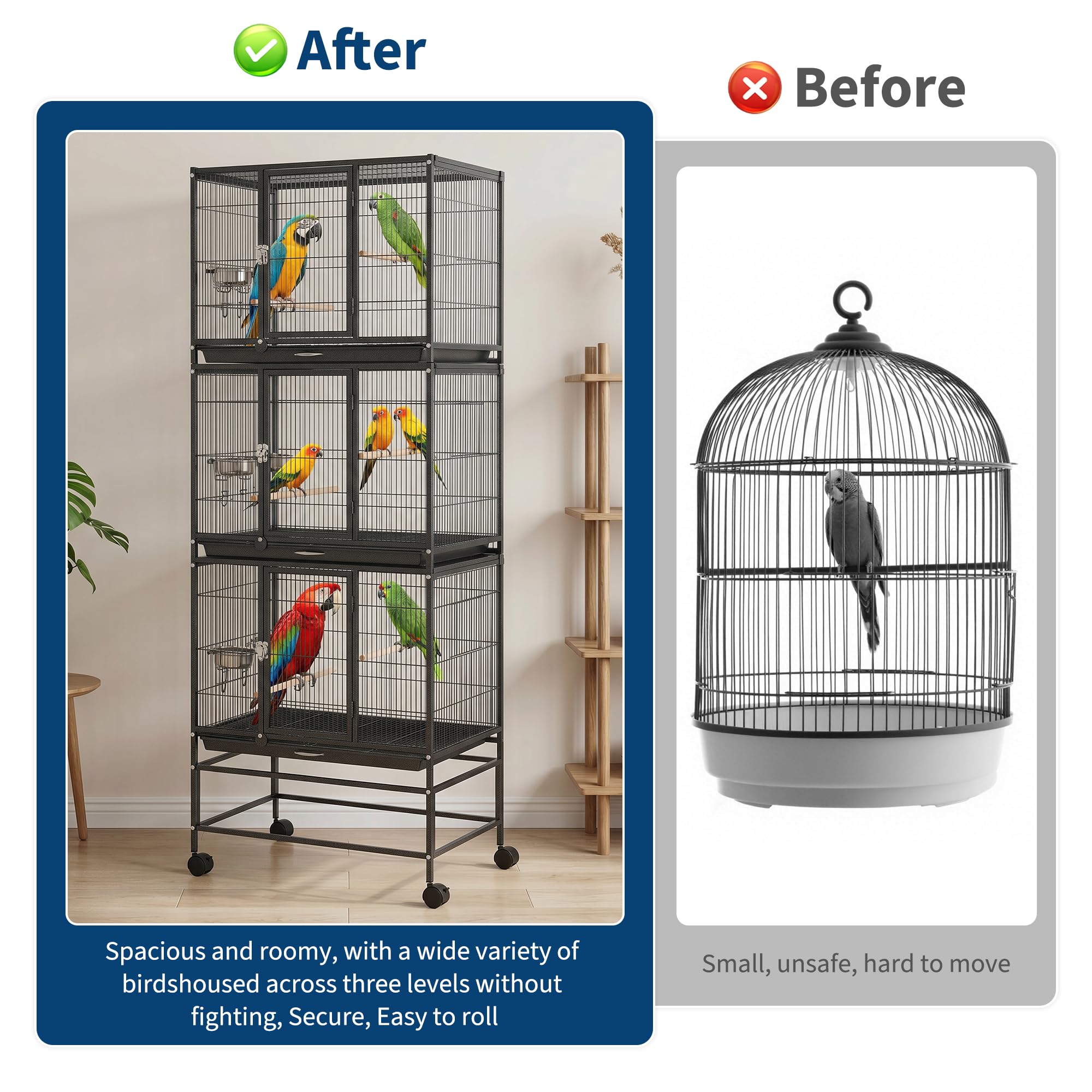 Garvee Heavy Duty Carbon Steel Bird Cage - 74 Inch Stackable Aviary with 3 Dividable Compartments, Removable Trays, Spacious Flight Enclosure for Parakeets, Cockatiels, Conures, Finches - Silver Black