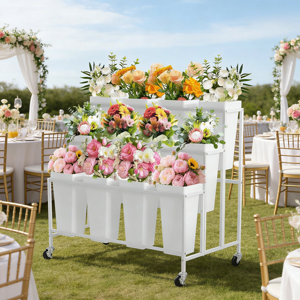 Garvee Flower Display Stand,3 Tier Flower Cart with 12 Round Buckets and Wheels, Moving Flower Cart Display Stand for Garden, Wedding, Flower Shop,White