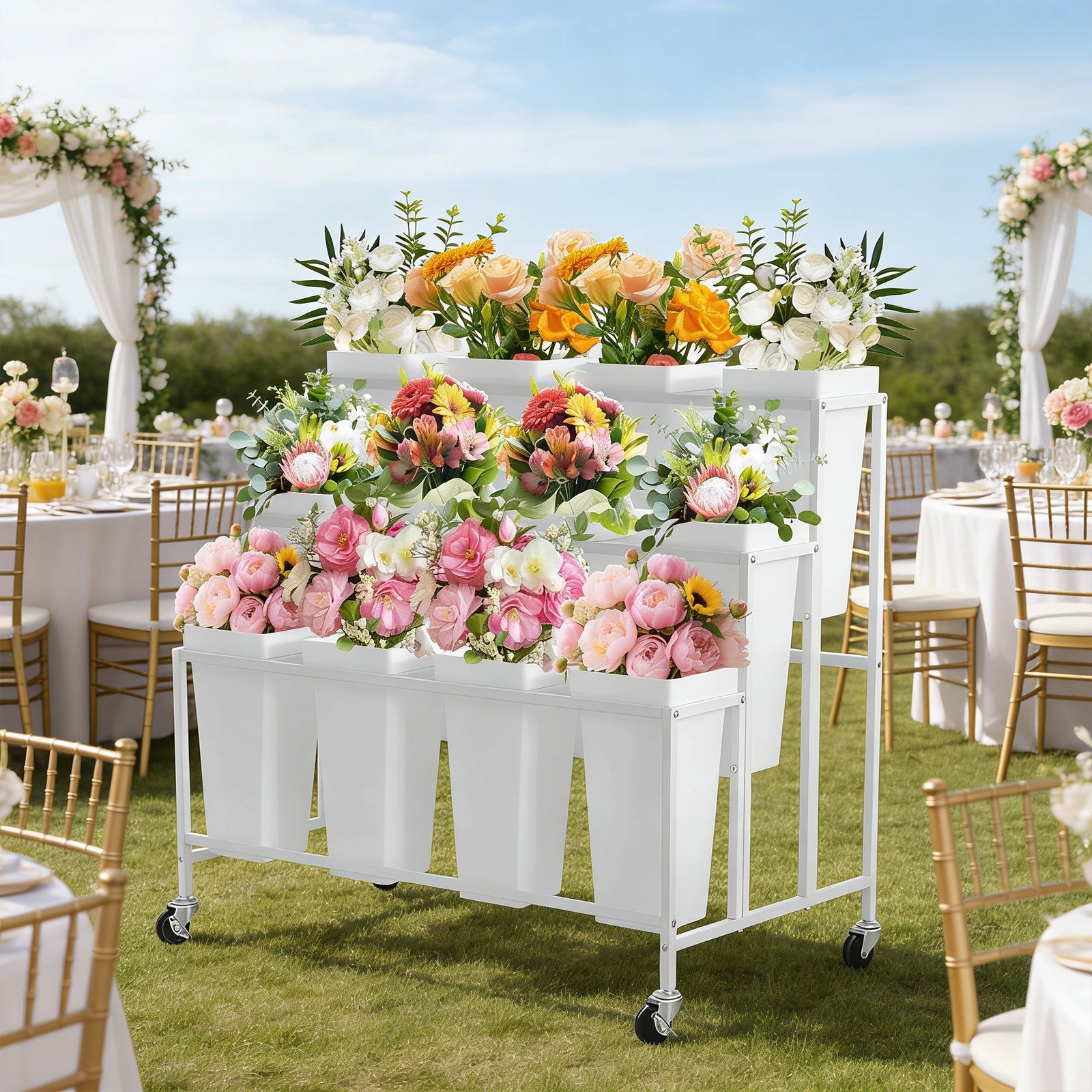 Garvee Flower Display Stand,3 Tier Flower Cart with 12 Round Buckets and Wheels, Moving Flower Cart Display Stand for Garden, Wedding, Flower Shop,White