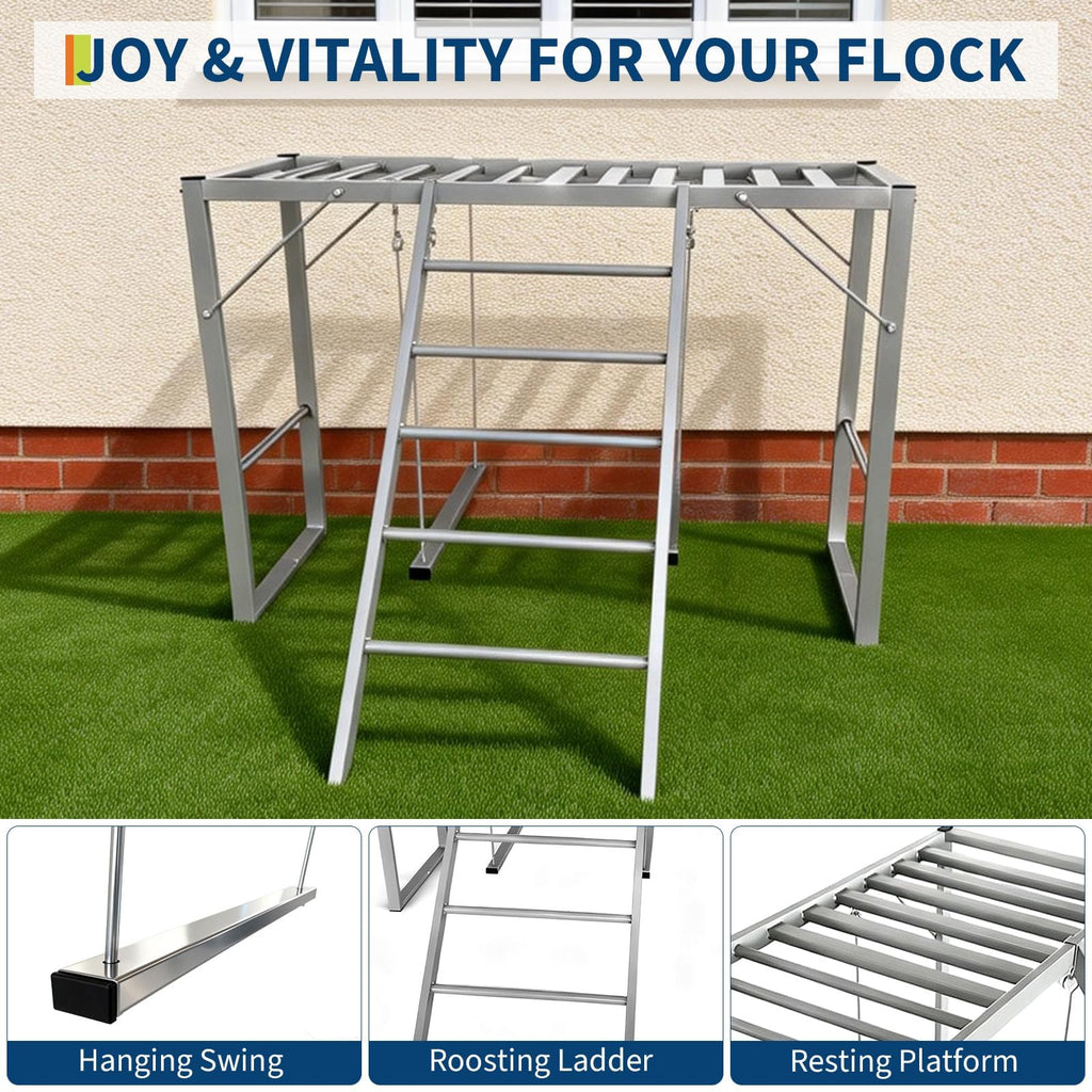Garvee Metal Chicken Roosting Bars with Swing & Ladder, Heavy Duty, Weatherproof Carbon Steel, 4-Tier Exercise Perch, Silver, for Backyard Farms