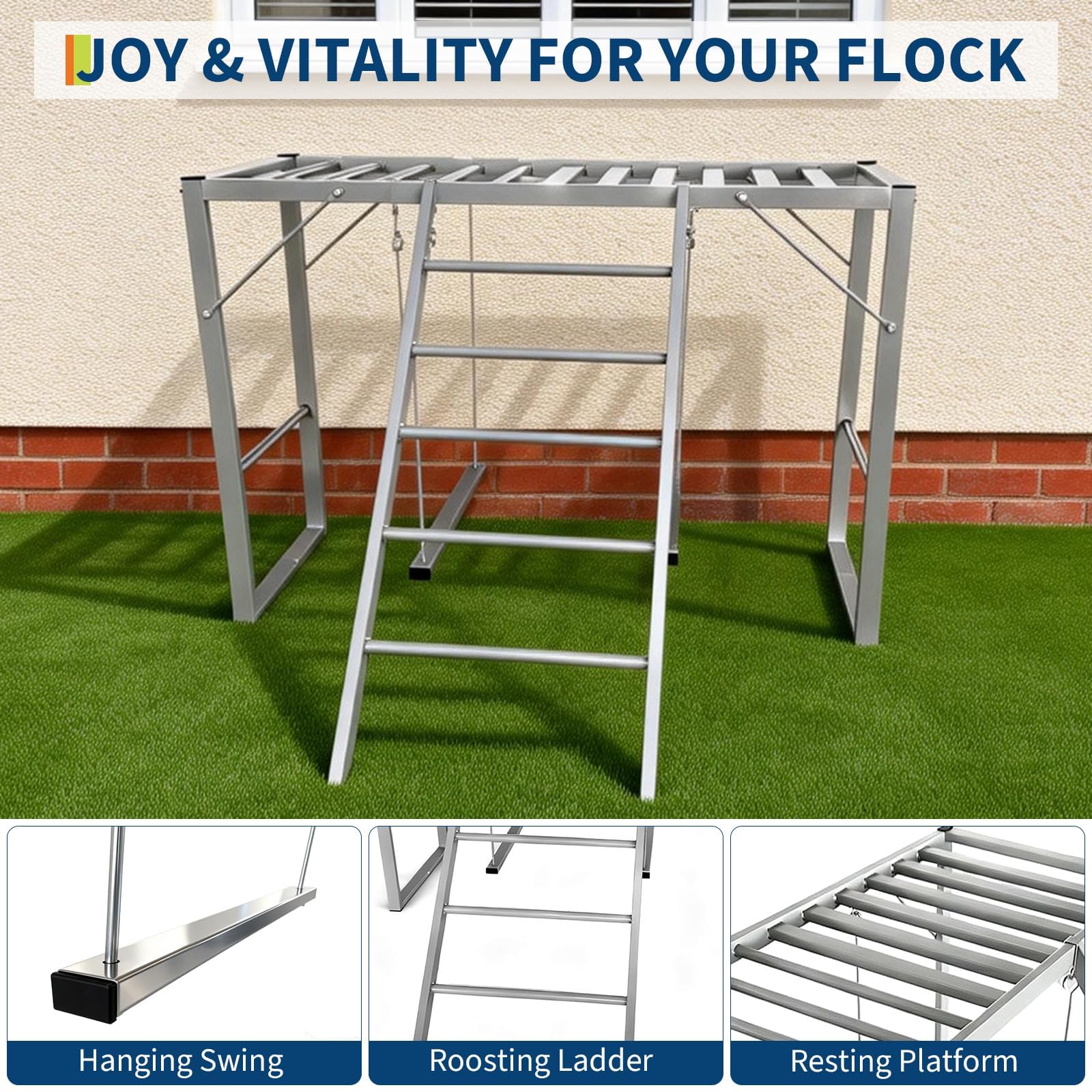 Garvee Metal Chicken Roosting Bars with Swing & Ladder, Heavy Duty, Weatherproof Carbon Steel, 4-Tier Exercise Perch, Silver, for Backyard Farms