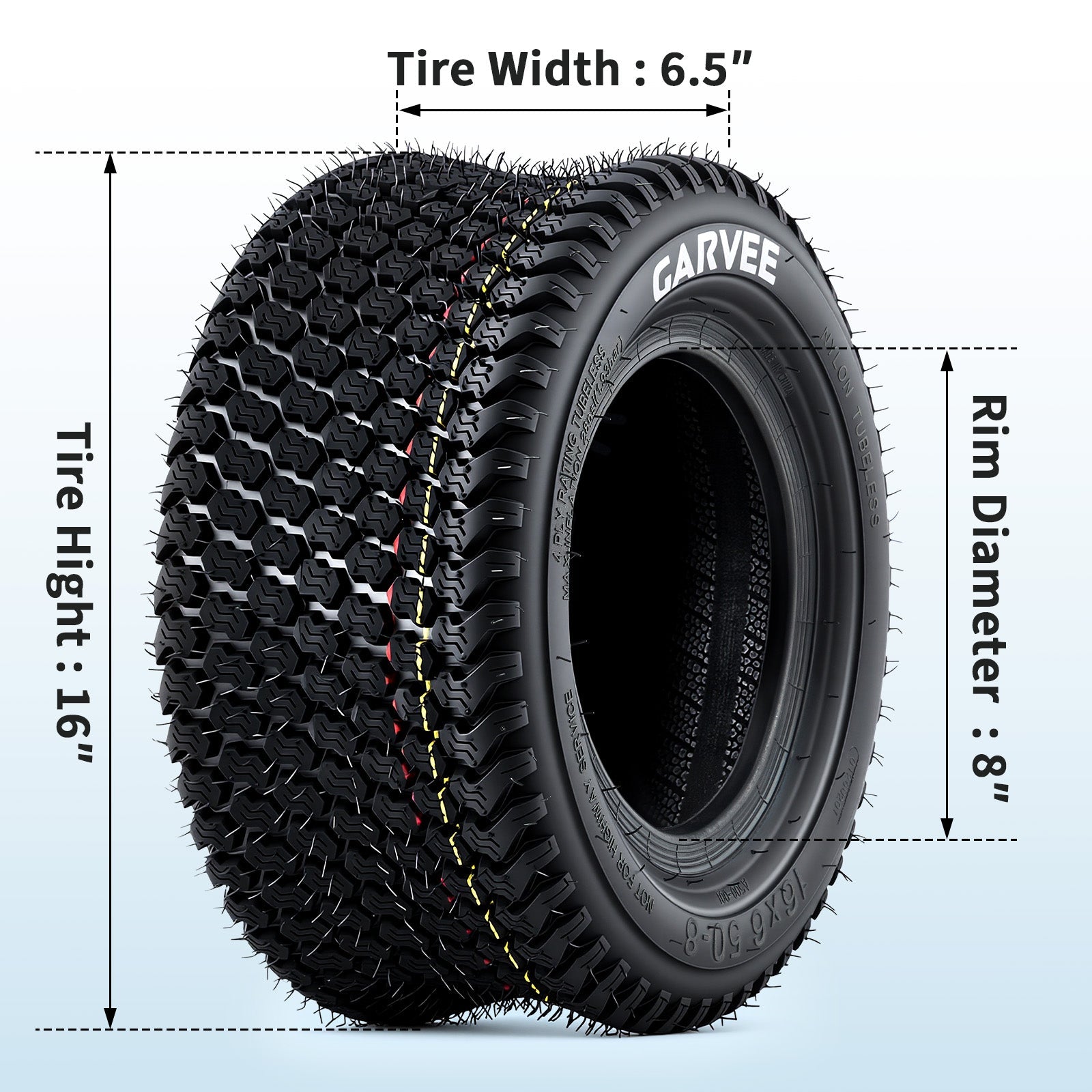 Garvee 2-Pack 16x6.50-8 Lawn Mower Tires – 4PR Turf Tire, Tubeless, 620lbs Load Capacity – Replacement for Riding Mowers, Garden Tractors & Grass Cutting Equipment (Wheels NOT Included)
