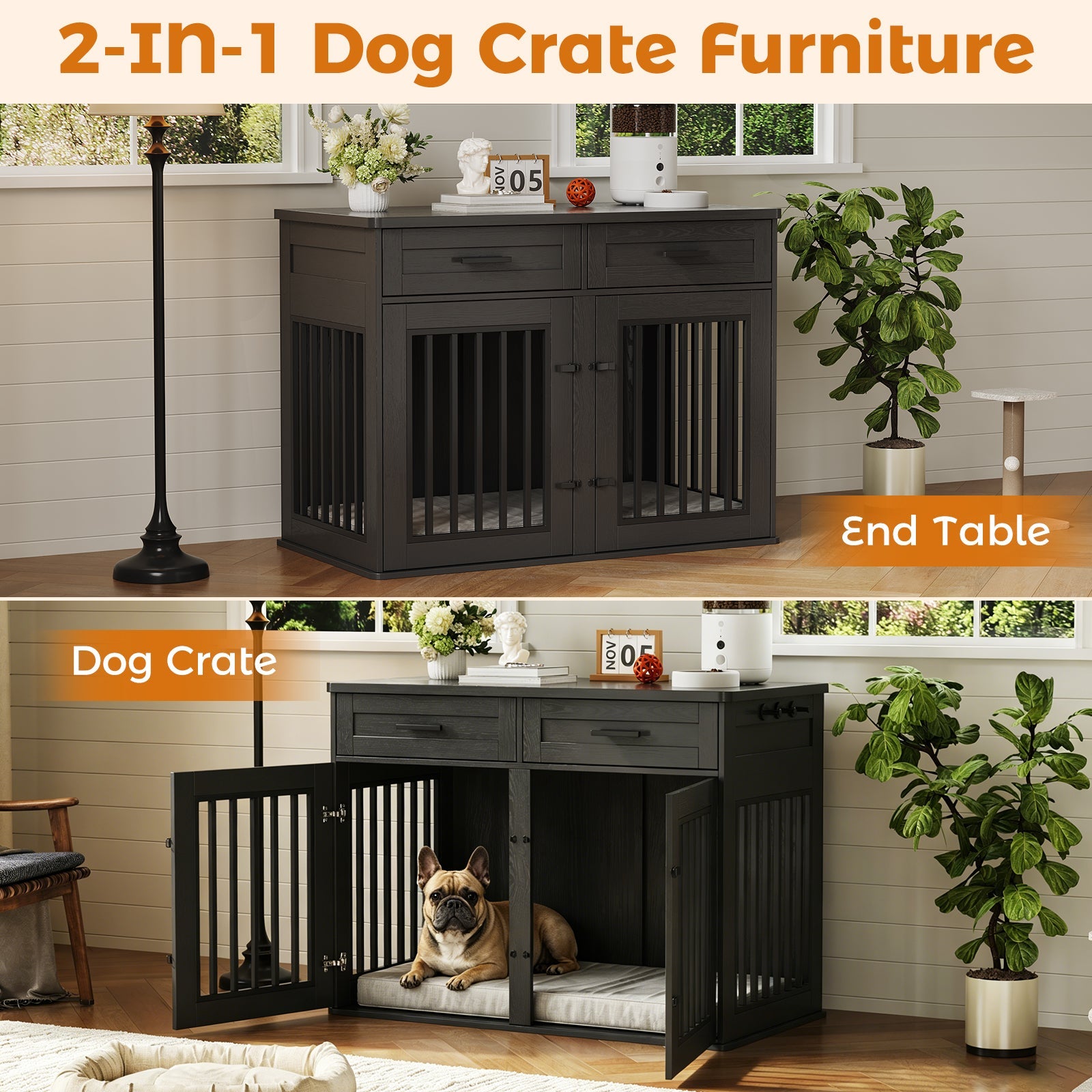 Garvee 44.5 Inch Large Dog Crate Furniture with 2 Storage Drawers,Wooden Dog Kennel Furniture As End Table, Decorative Pet Cage Dog House Indoor for Medium/Large Dogs, Chew-Proof