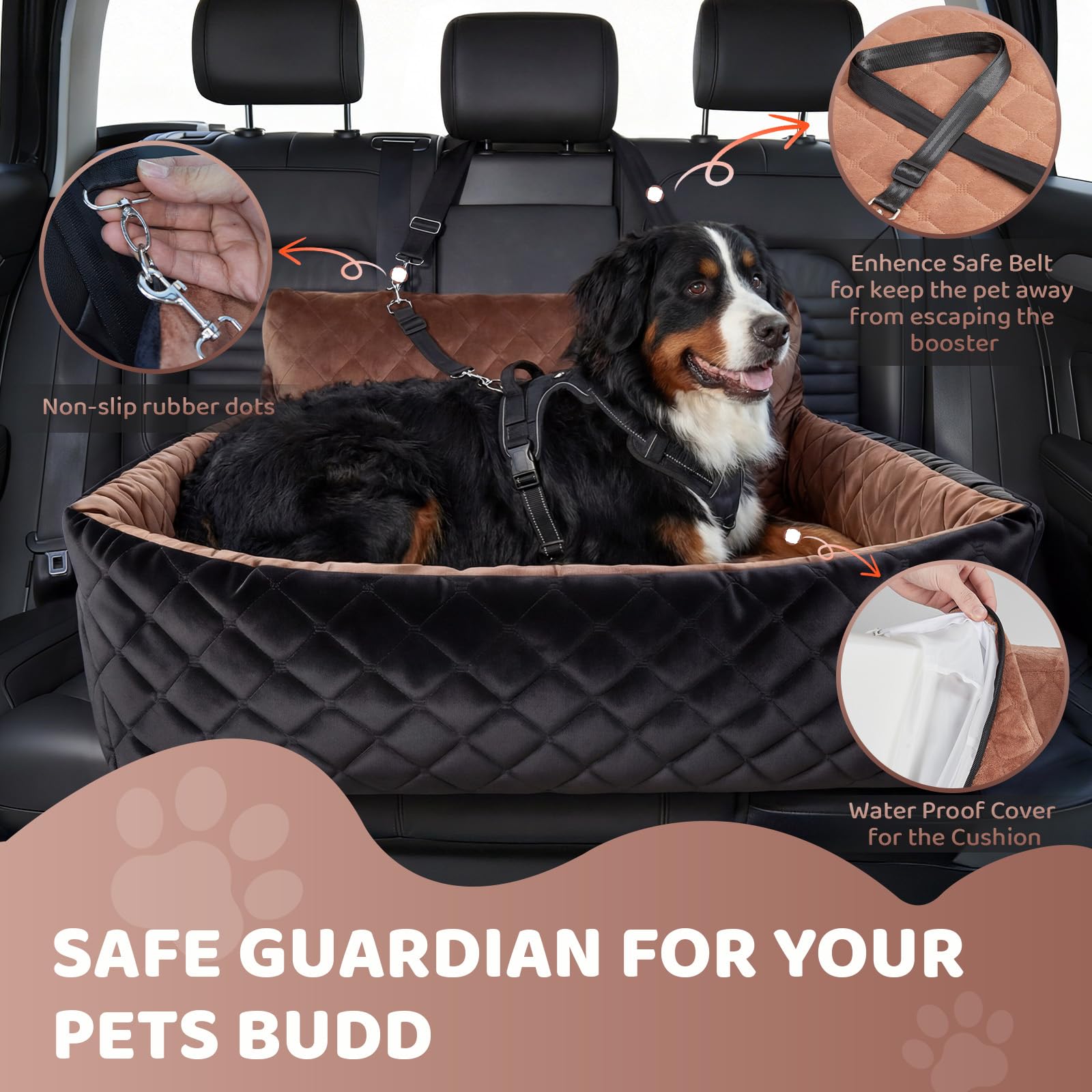 Garvee Dog Car Seat for Small,Medium Large Dog, Double Dogs Car Seat as Traval Bed, Waterproof Thick Cushion, Triple Belts & Harness, Portable Machine Washable Pets Booster Seat w/ Side Pocket, Brown