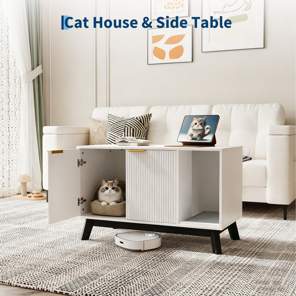 Garvee Cat Litter Box Enclosure Hidden Litter Box Furniture with Scratch Pad Cat House Wooden Cat Washroom Cabinet 2-in-1 for Living Room, Hallway, White