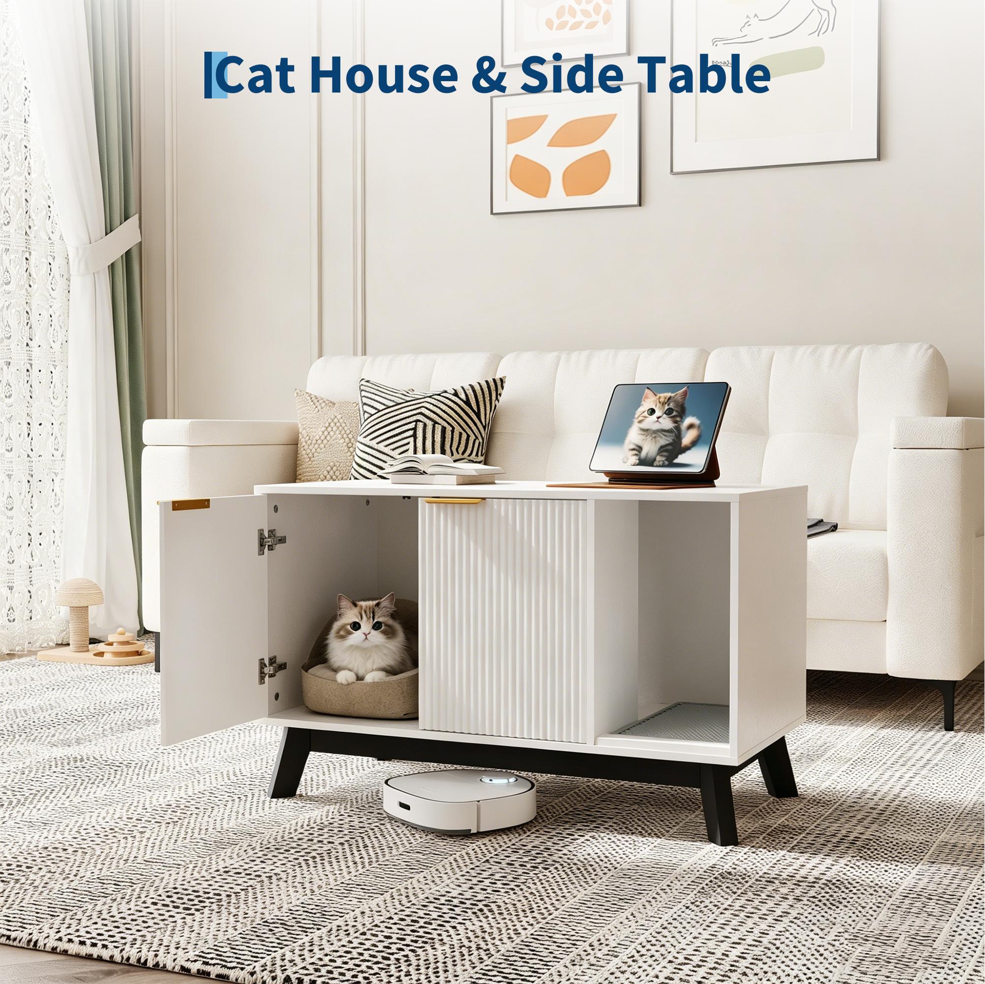 Garvee Cat Litter Box Enclosure Hidden Litter Box Furniture with Scratch Pad Cat House Wooden Cat Washroom Cabinet 2-in-1 for Living Room, Hallway, White