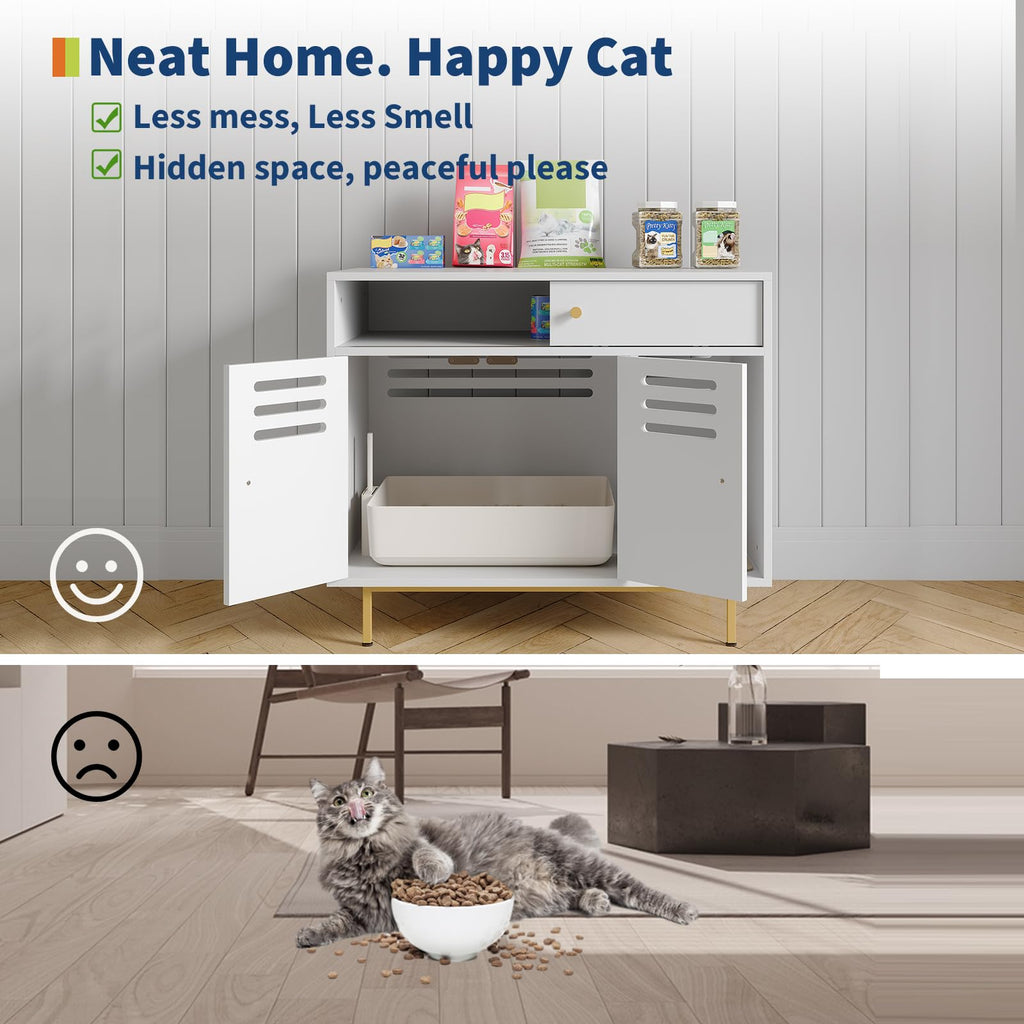 Garvee Modern Cat Litter Box Enclosure Furniture – Hidden Storage, Barn Door, Drawers & Shelves, Ventilated, Dog Proof, Cat Washroom Side Table – Fits Most Litter Boxes – White