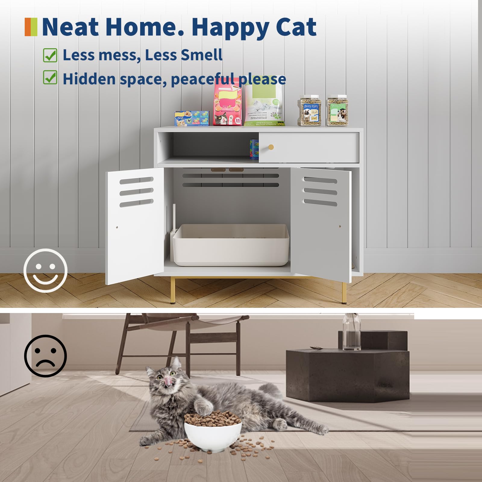 Garvee Modern Cat Litter Box Enclosure Furniture – Hidden Storage, Barn Door, Drawers & Shelves, Ventilated, Dog Proof, Cat Washroom Side Table – Fits Most Litter Boxes – White