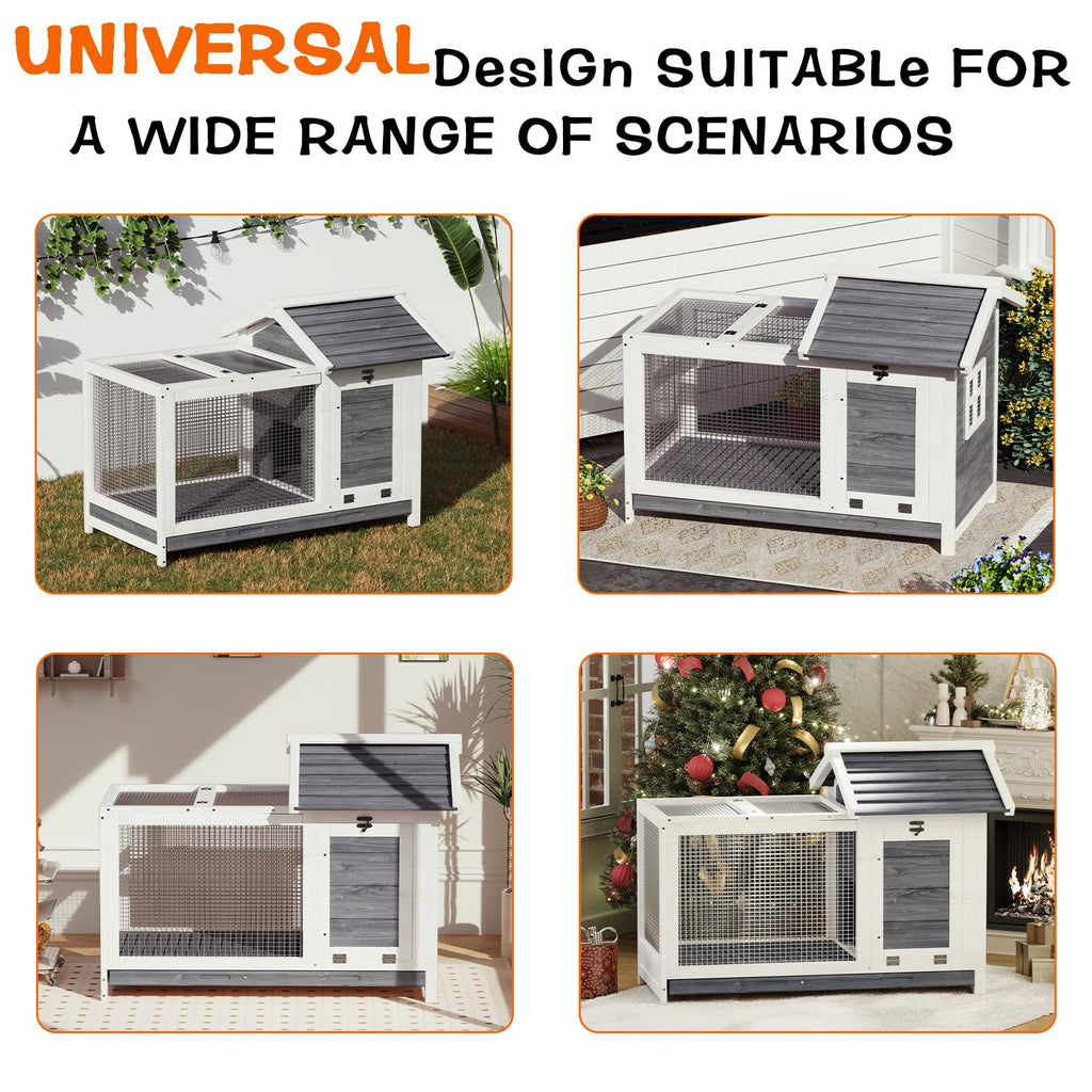Garvee Large Outdoor Rabbit Hutch, Weatherproof 2-Story Bunny Cage with Removable Wire Netting, Wooden Indoor Outdoor Pet House, Waterproof Roof & Pull-Out Tray, Gray