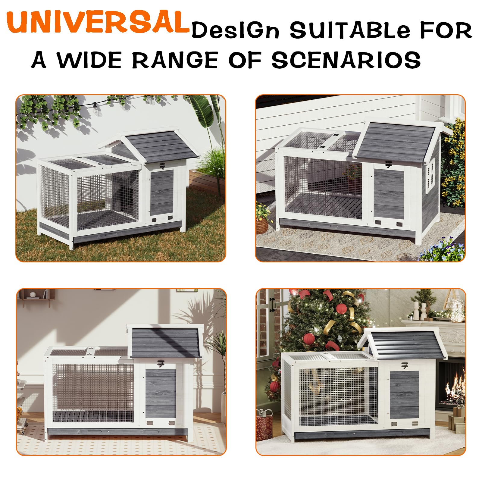 Garvee Large Outdoor Rabbit Hutch, Weatherproof 2-Story Bunny Cage with Removable Wire Netting, Wooden Indoor Outdoor Pet House, Waterproof Roof & Pull-Out Tray, Gray