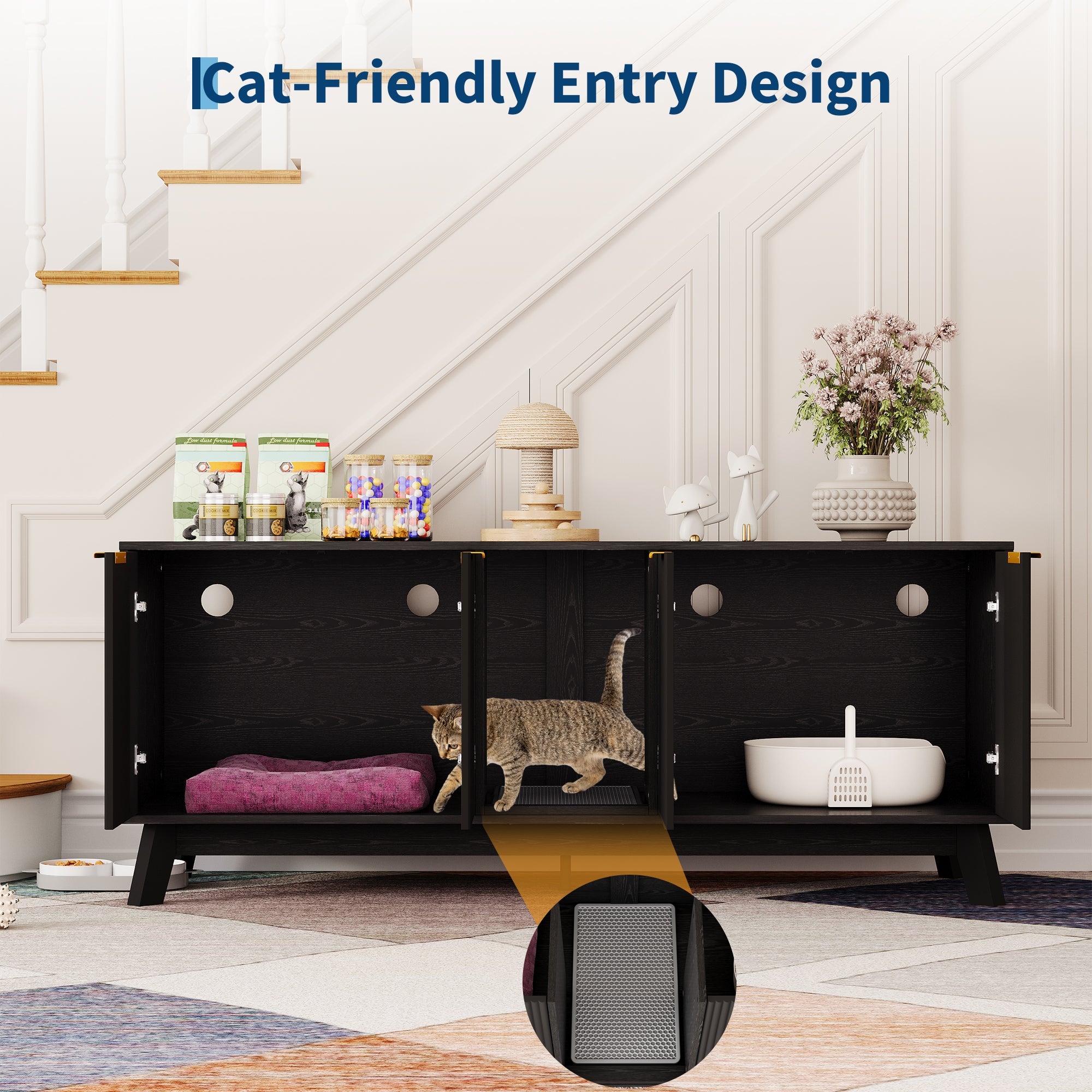 Garvee Double Cat Litter Box Enclosure Furniture, Hiddden Litter Box Furniture with Litter Collector & Scratch Pad, Wooden Litter Box Cabinet, Cats House, Black