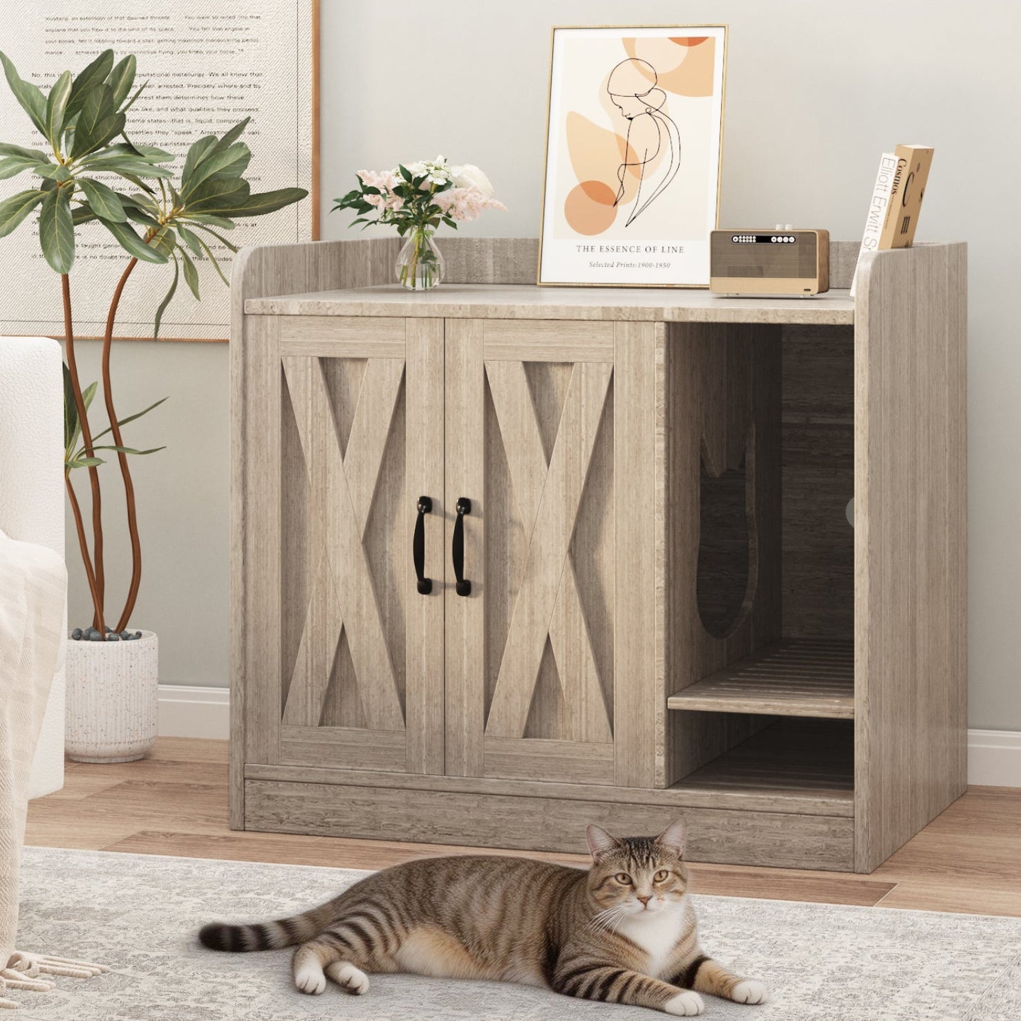 Garvee Cat Litter Box Enclosure, Hidden Litter Box Furniture with Divider, Indoor Cat House, Wooden Cat Washroom Storage Cabinet Bench, Side End Table Nightstand, 33.07"L × 23.62"W × 23.92"H, Gray