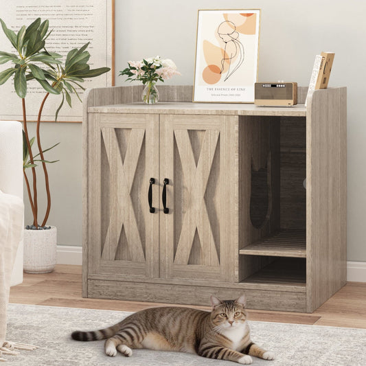 Garvee Cat Litter Box Enclosure, Hidden Litter Box Furniture with Divider, Indoor Cat House, Wooden Cat Washroom Storage Cabinet Bench, Side End Table Nightstand, 33.07"L × 23.62"W × 23.92"H, Gray