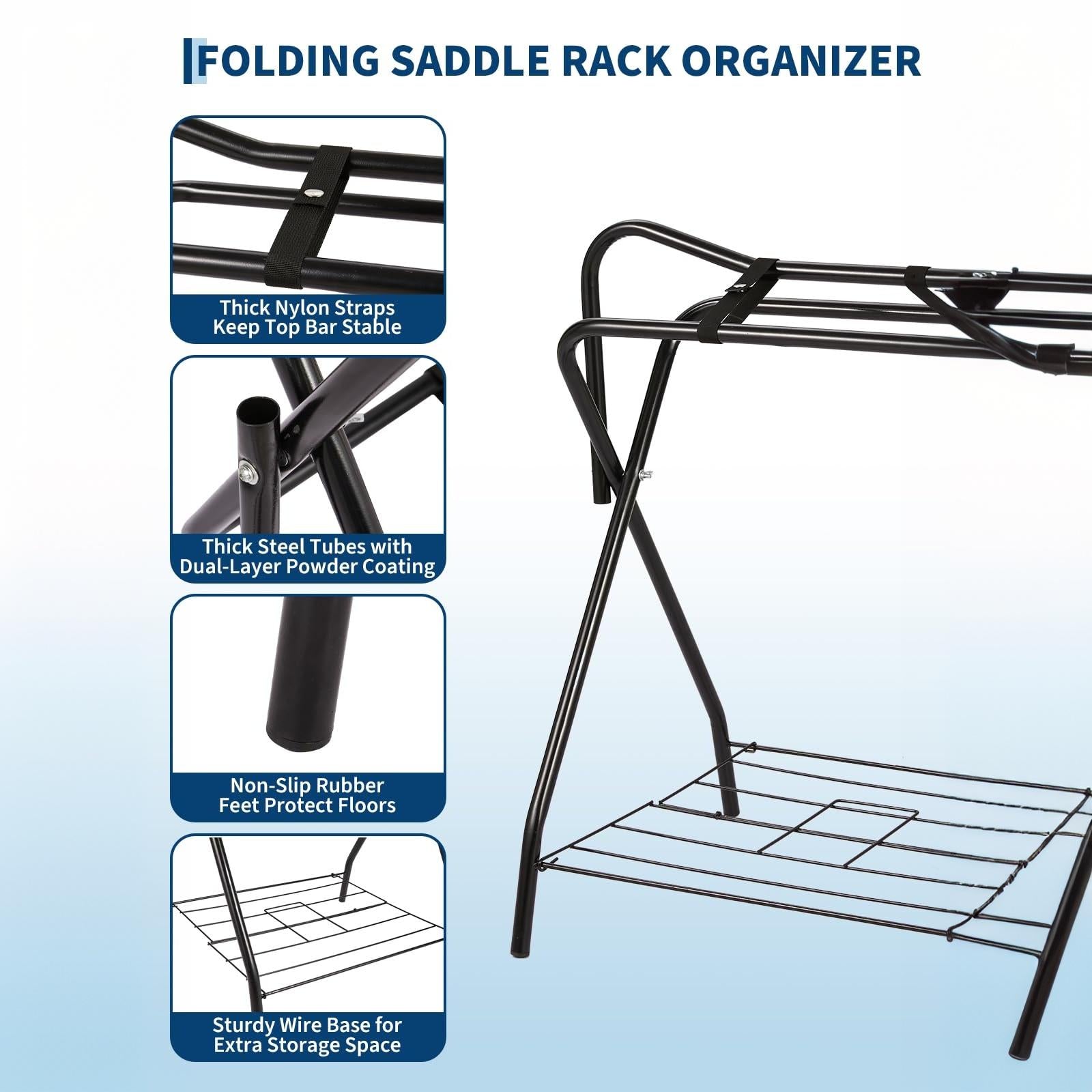 Garvee Heavy Duty Collapsible Saddle Rack with Storage Shelf (2-Pack) - Freestanding Steel X-Frame Stand for English & Western Saddles, Horse Tack, and Blanket Organizer, Matte Black