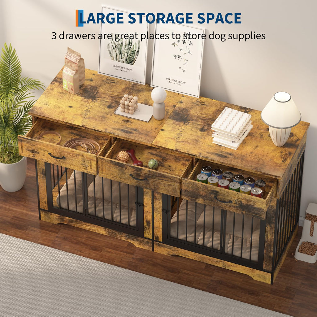 Garvee 71" Dog Crate Furniture for 2 Dogs, Heavy Duty Double Dog Kennel with 3 Drawers, Extra Large Furniture Style Indoor Dog Crate Table TV Stand  for Medium/Large Dogs, Brown