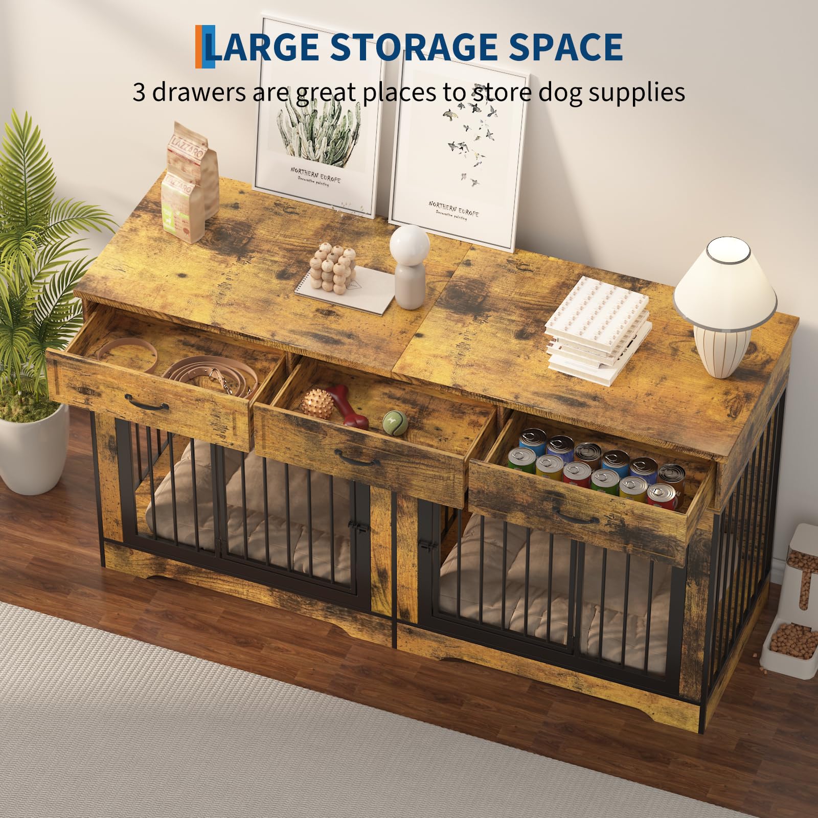 Garvee 71" Dog Crate Furniture for 2 Dogs, Heavy Duty Double Dog Kennel with 3 Drawers, Extra Large Furniture Style Indoor Dog Crate Table TV Stand  for Medium/Large Dogs, Brown