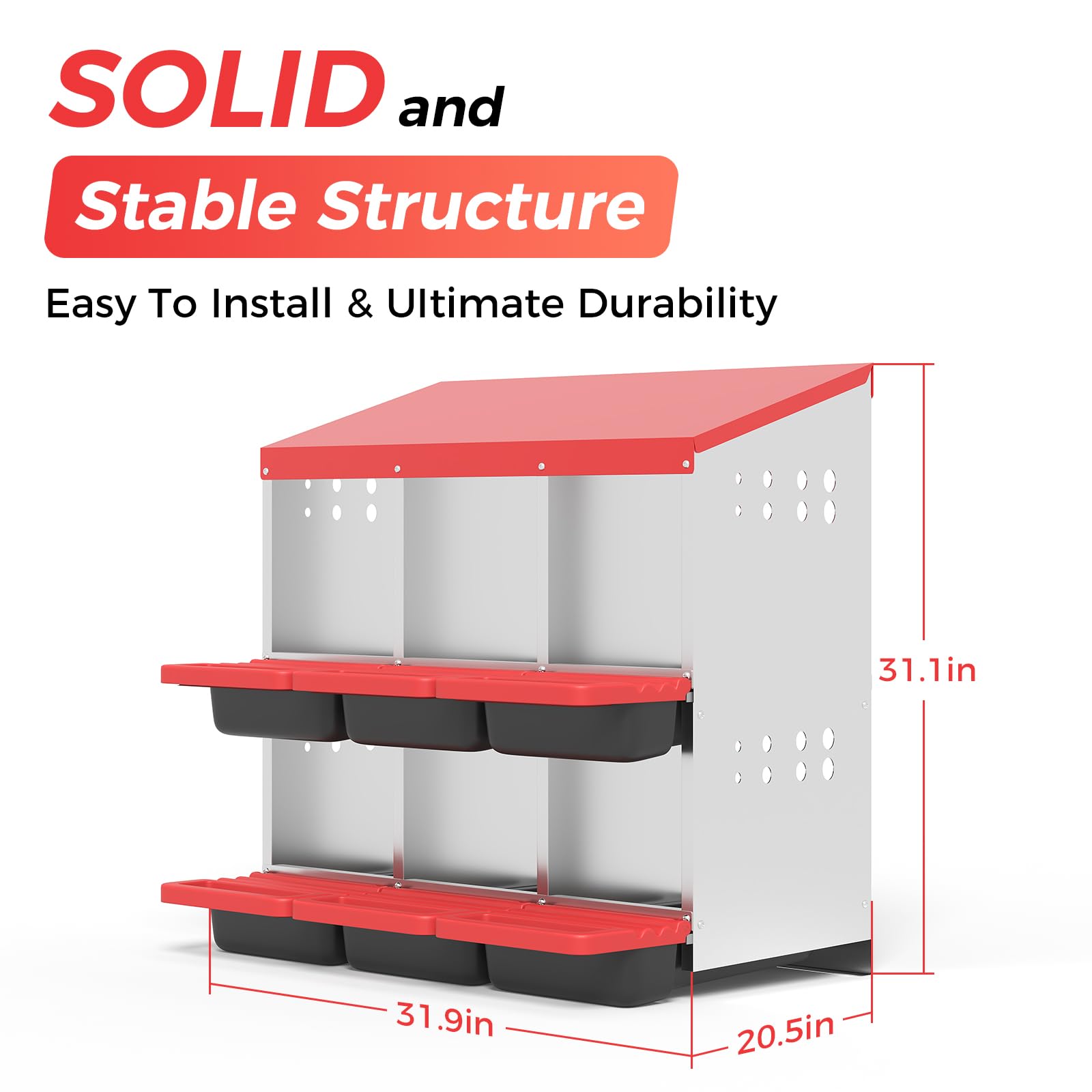 Garvee 6-Hole Metal Chicken Nesting Box, Roll Away Poultry Laying Box with Sloped Anti-Perch Roof, 31.9"x20.5"x31.1", Red