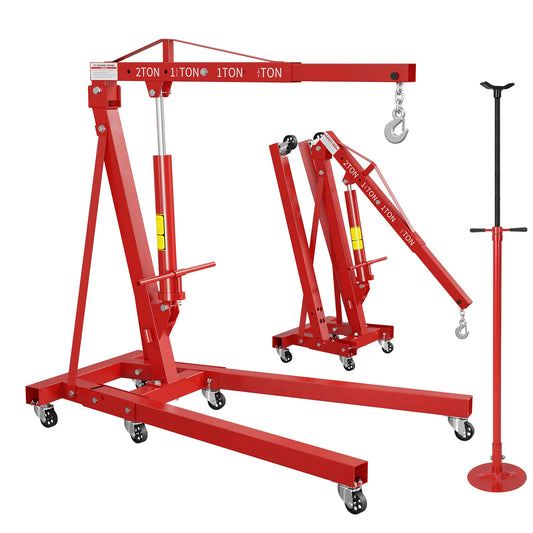 Garvee Heavy Duty 2 Ton Folding Hydraulic Engine Hoist & 3/4 Ton Underhoist Support Stand Combo – Steel Shop Crane Cherry Picker with 4-Position Boom – High-Reach Automotive Lift – Red