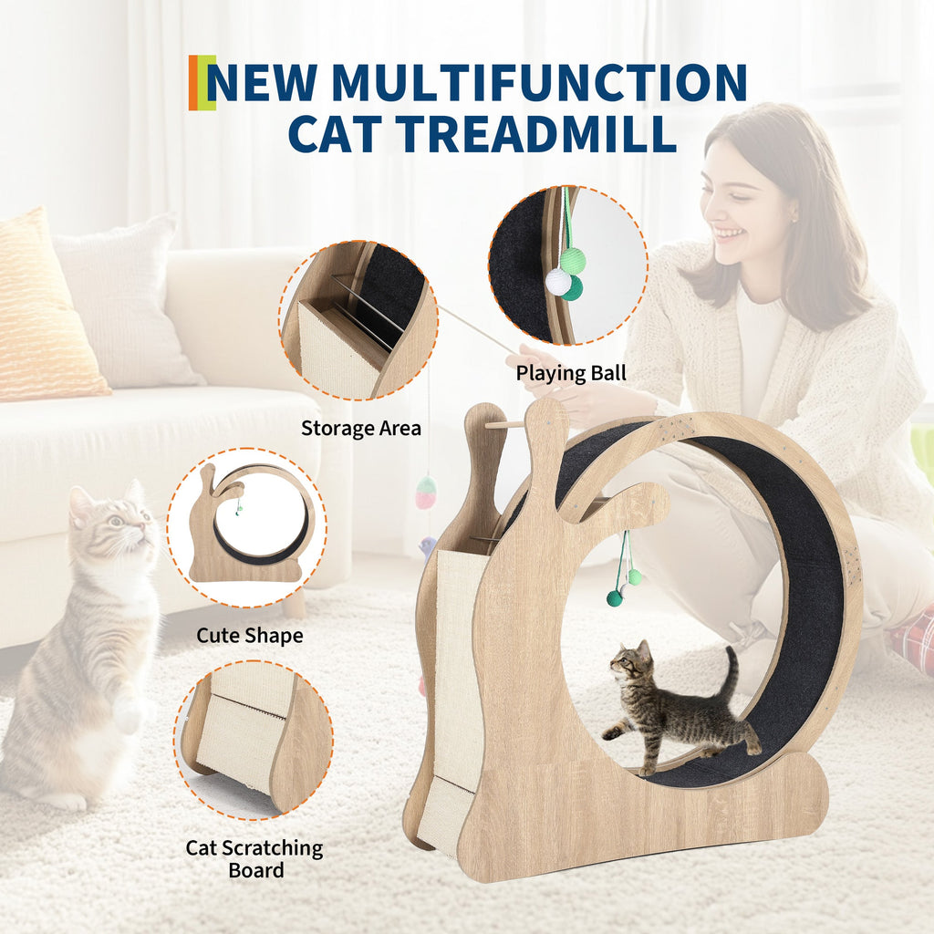 Garvee Cat Wheel Exerciser for Indoor Cats, 45'' Large 3-in-1 Cat Treadmill with Scratching Board and Play Balls, Quiet Cats Running Wheel for Kitty Fitness Wood color