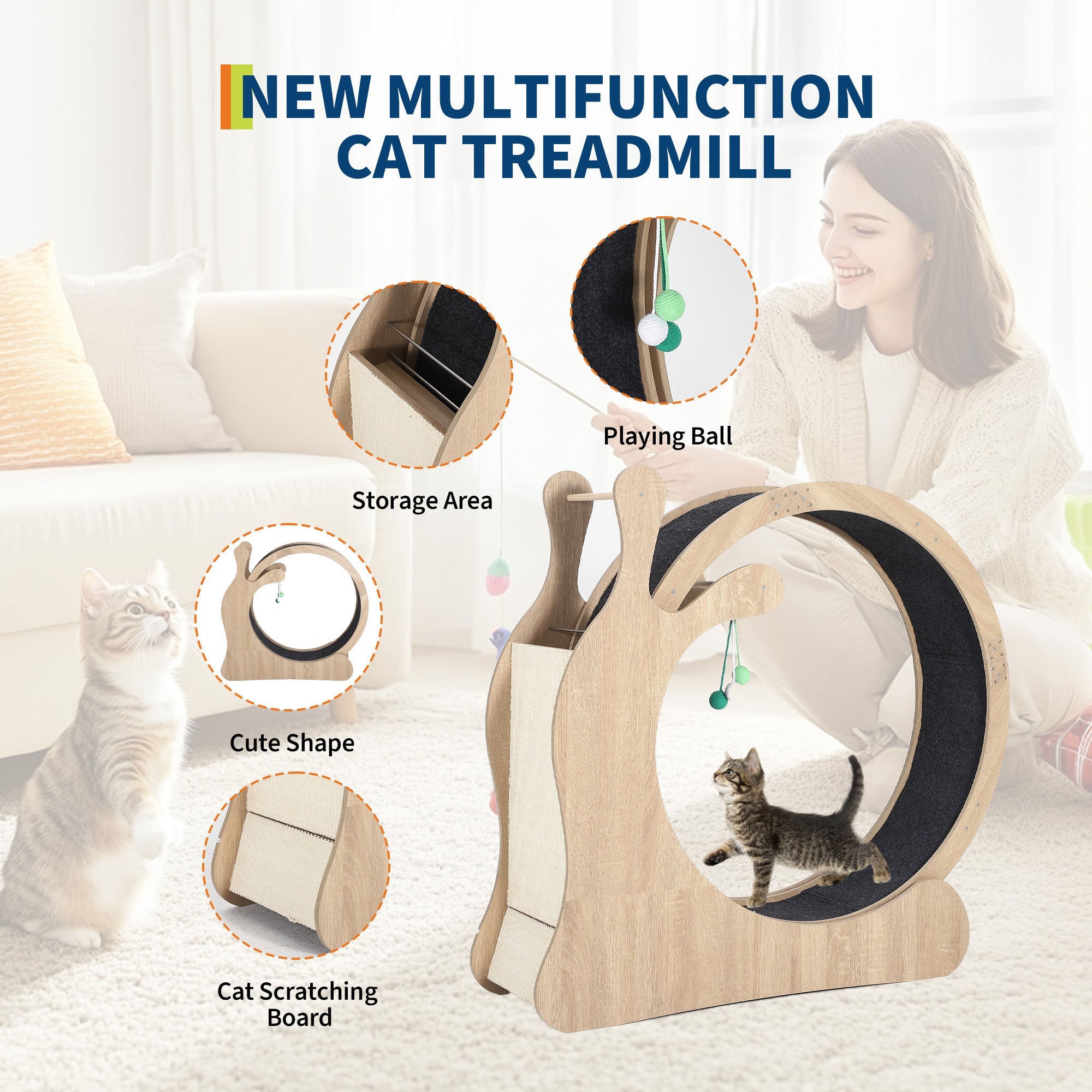 Garvee Cat Wheel Exerciser for Indoor Cats, 41'' Large 3-in-1 Cat Treadmill with Scratching Board and Play Balls, Quiet Cats Running Wheel for Kitty Fitness Wood color