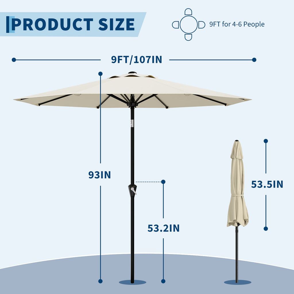 Garvee 9FT Beige Patio Umbrella - Outdoor Table Parasol with Smooth Crank Lift, Push Button Tilt & 8 Sturdy Ribs, Waterproof, UV Protection Market Umbrella for Yard, Deck, Pool, Garden